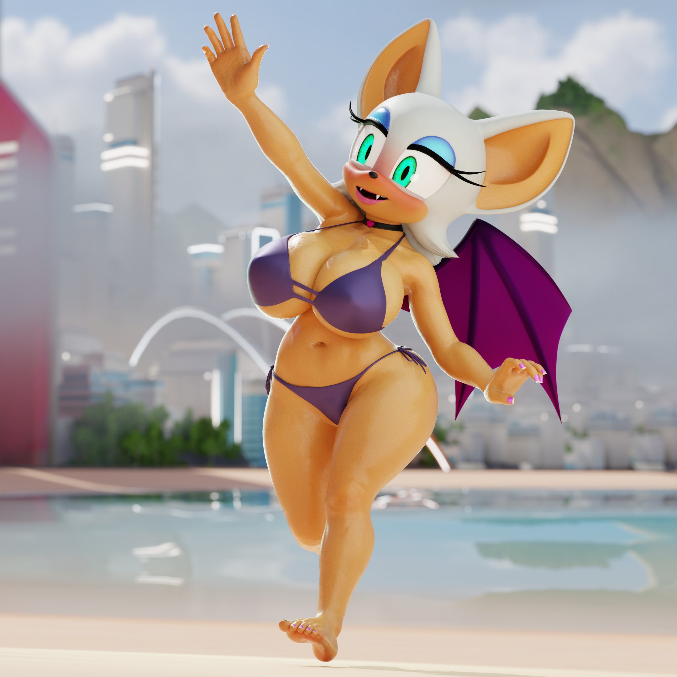 3d, 3d (artwork), 3d model, anthro, bat, beach, big breasts, bikini, choker, female, lordpyro9, mobian, mobian (species), mobian bat, navel, nottanj, rouge the bat, rouge the bat (nottanj), sega, sonic (series), sonic adventure 2, sonic the hedgehog (series), thick thighs, wide hips, wings