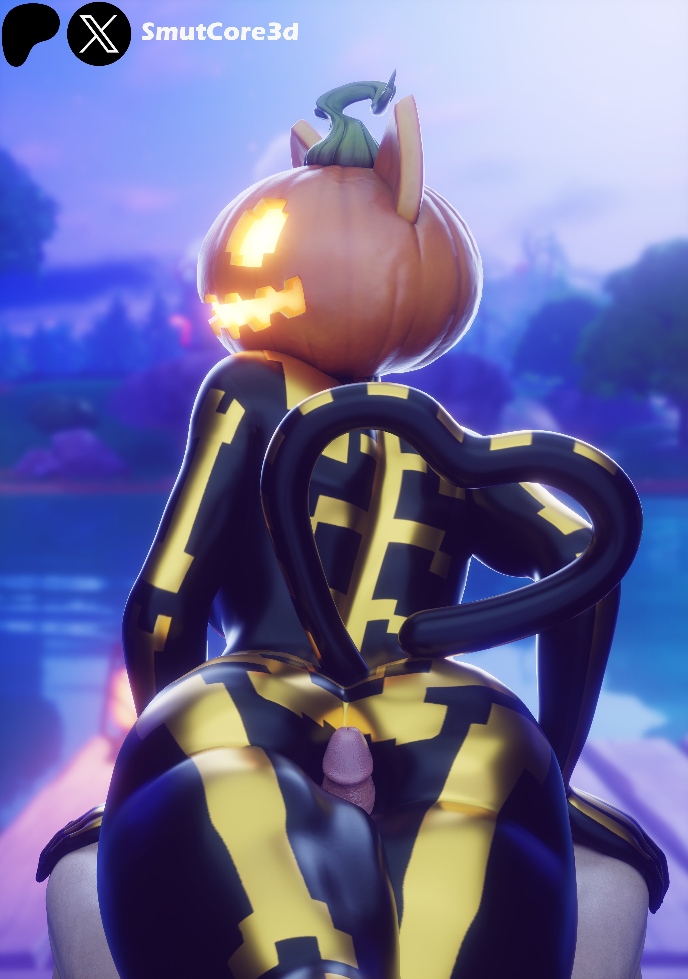 1boy, 1girls, 2025, 3d, artist name, back view, black bodysuit, bodysuit, cat ears, cat tail, clothed, clothed female nude male, clothed sex, epic games, female, fortnite, fortnite: battle royale, fortnitemares, halloween, halloween costume, halloween pumpkin, lake, lakeside, looking back, male, penis, penis between thighs, pumpkin, pumpkin head, sex, skeleton costume, smutcore3d, spice (fortnite), thigh sex, watermark