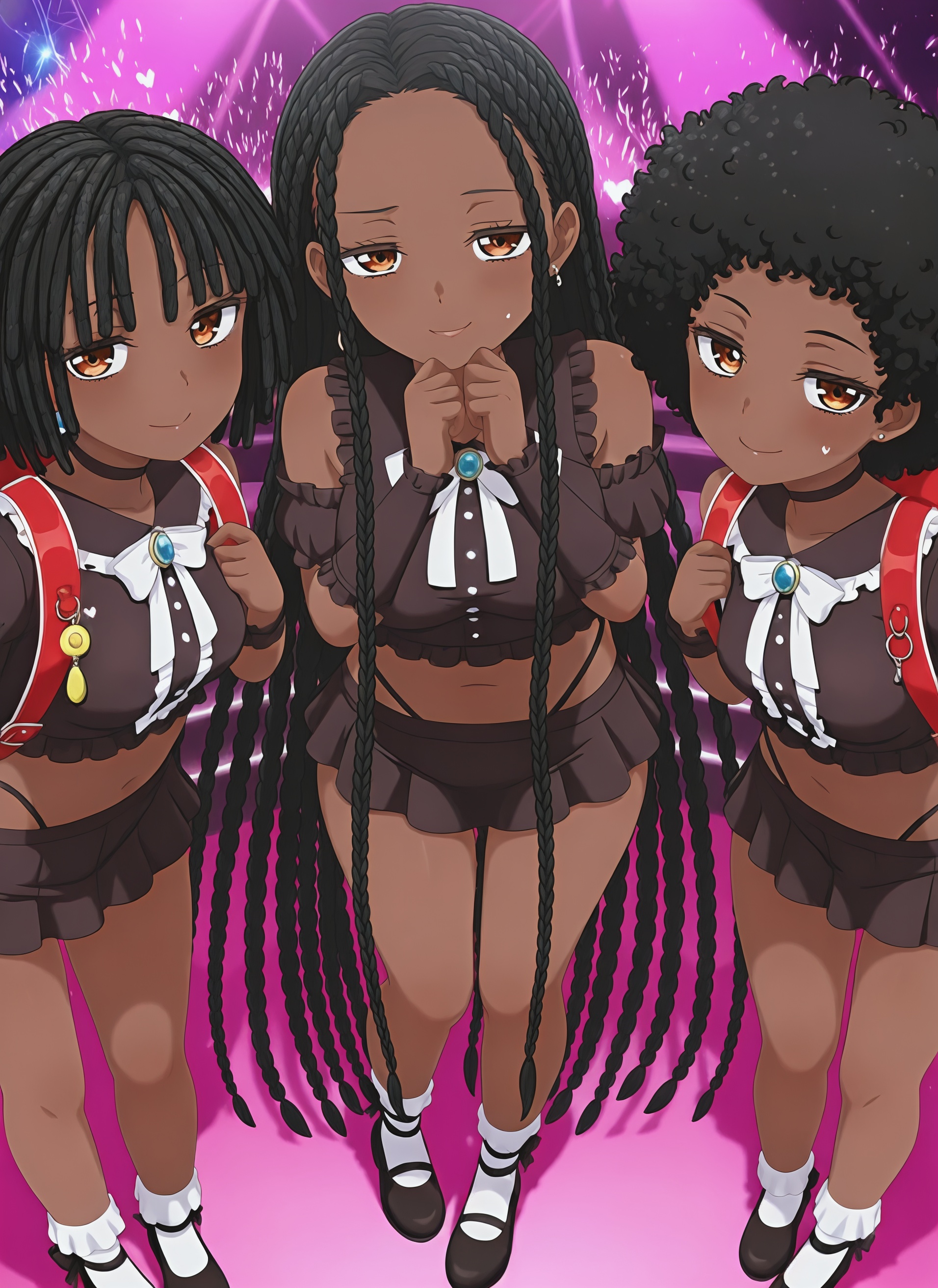 3girls, african female, afro, ai generated, black hair, black woman, blushing, blushing at viewer, bob cut, braid, braided hair, braids, brown hair, dark skin, dark-skinned female, dreadlocks, female, female only, long sleeves, looking at viewer, original, original characters, petite, petite body, petite female, short hair, skirt, sweat, sweatdrop, sweating, thong, uniform, whale tail