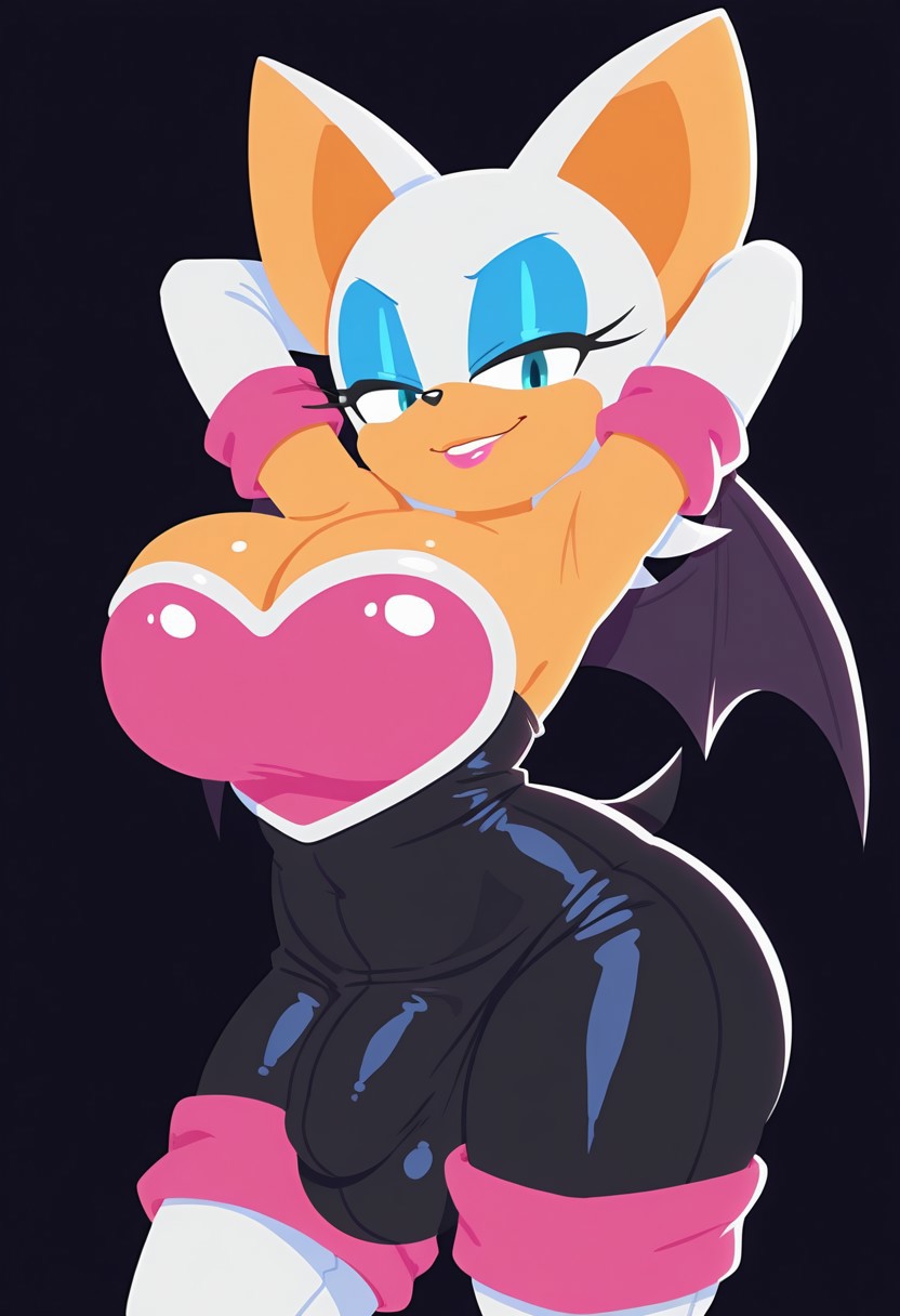 1futa, ai generated, animal ears, anthro, bat, big breasts, breasts, bulge, clothing, dog husky ai, elbow gloves, female, furry, futanari, hands behind head, intersex, lipstick, looking at viewer, makeup, massive penis, penis, rouge the bat, smug, solo, solo female, sonic (series), sonic the hedgehog (series), tail, wings