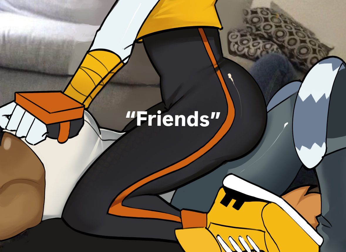 "friends" meme, 2girls, ass, bad tag, black pants, bodysuit, cowgirl position, crop top, dark skin, dark-skinned female, english text, female, fingerless gloves, friends with benefits, furry, gloves, idw publishing, indoors, lemur tail, leotard, lower body, lying, meme, multiple females, multiple girls, on person, orange footwear, pants, reference, shadsonline, shoes, sitting, sitting on person, sneakers, sonic (series), sonic the hedgehog (idw), straddling, tail, tangle the lemur, tomboy, whisper the wolf, white leotard, yoga pants, yuri