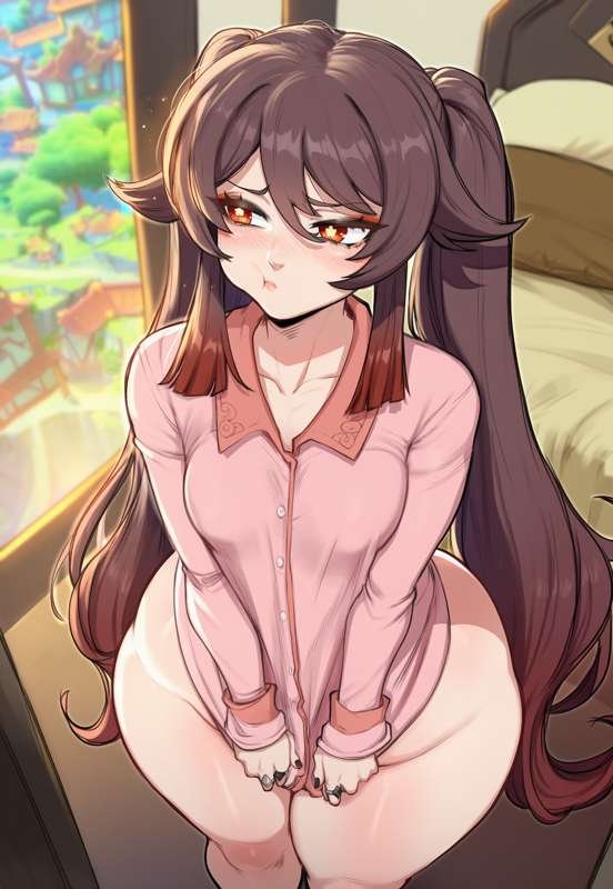 1girls, ai generated, breasts, brown hair, dijiai, female, genshin impact, hair, hu tao (genshin impact), light skin, light-skinned female, long hair, medium breasts, red eyes, solo, solo female, thick thighs, thighs