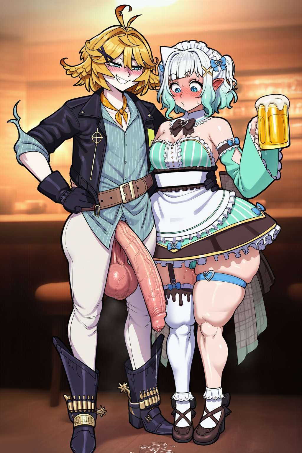 ai art, ai generated, balls, beer, beer mug, big ass, big balls, big penis, breasts, cock awe, dokibird, dokibird (bounty hunter), dokibird (vtuber), dripping precum, dripping pussy, female, flat chest, futa on female, futanari, intersex, lexibestiegens, looking at penis, medium breasts, mint fantome, penis, penis awe, penis out, pointy ears, pussy, saggy balls, thick thighs, virtual youtuber, wet pussy