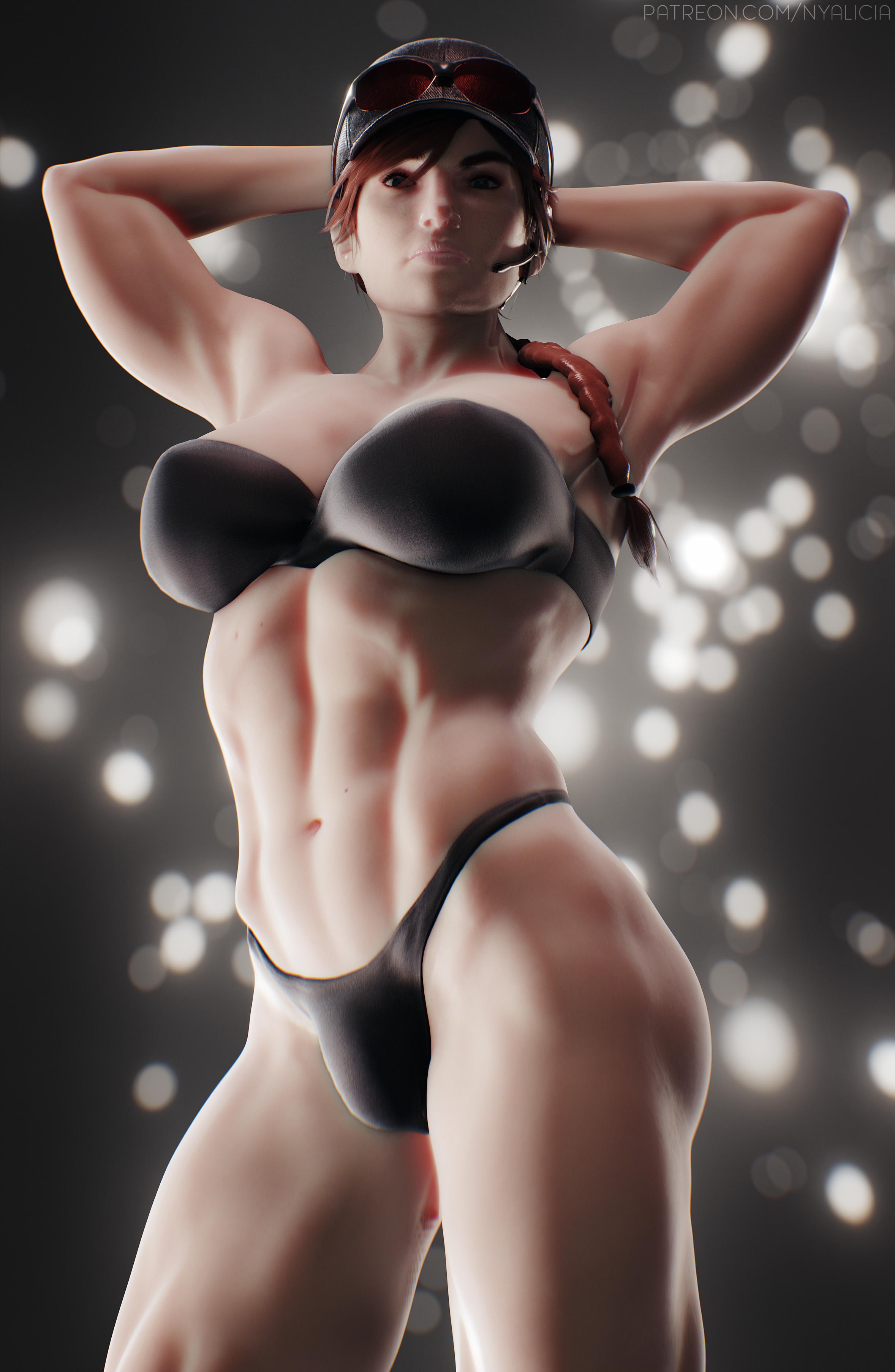 1futa, 3d, abs, ash (rainbow six), big breasts, bra, bracelet, braided hair, breasts, bulge, cleavage, futa only, futanari, hat, intersex, large breasts, looking at viewer, muscles, muscular, muscular futa, nyalicia, panties, rainbow six, rainbow six siege, solo, solo futa, sunglasses on head, tom clancy