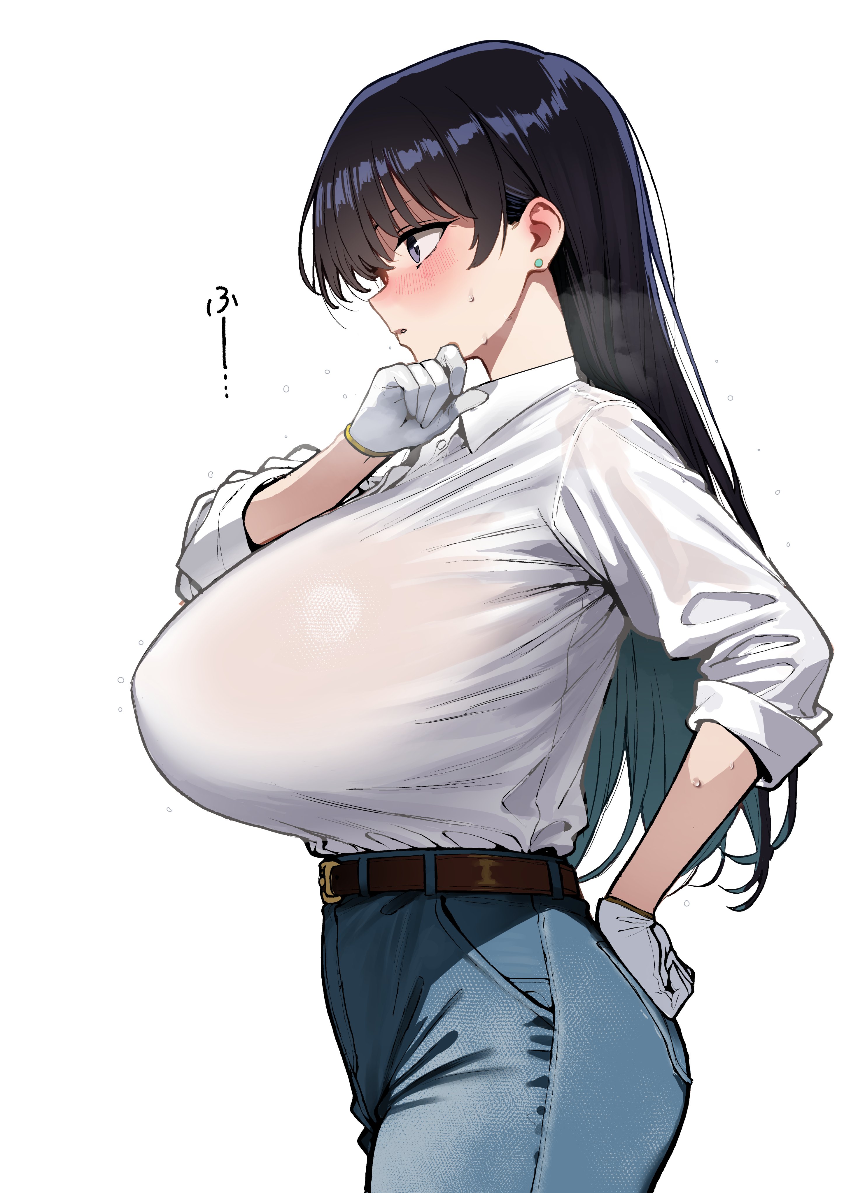 1girls, absurdres, arato nagi, belt, belt buckle, black eyes, black hair, blue pants, blush, breasts, brown belt, buckle, collared shirt, commentary, cowboy shot, denim, earrings, female, flying sweatdrops, from side, gen (black factory), gloves, hand up, highres, huge breasts, jeans, jewelry, long hair, pants, parted lips, romaji commentary, ruri no houseki, shirt, shirt tucked in, simple background, sleeves rolled up, solo, stud earrings, sweat, white background, white gloves, white shirt, work gloves