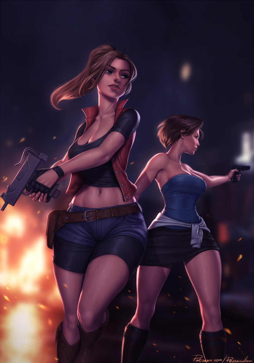 2girls, alternate version available, big breasts, bike shorts, biohazard, black hair, breasts, brown hair, capcom, claire redfield, clothed, female, female only, jill valentine, jill valentine (julia voth), large breasts, long hair, personalami, ponytail, resident evil, short hair, tubetop