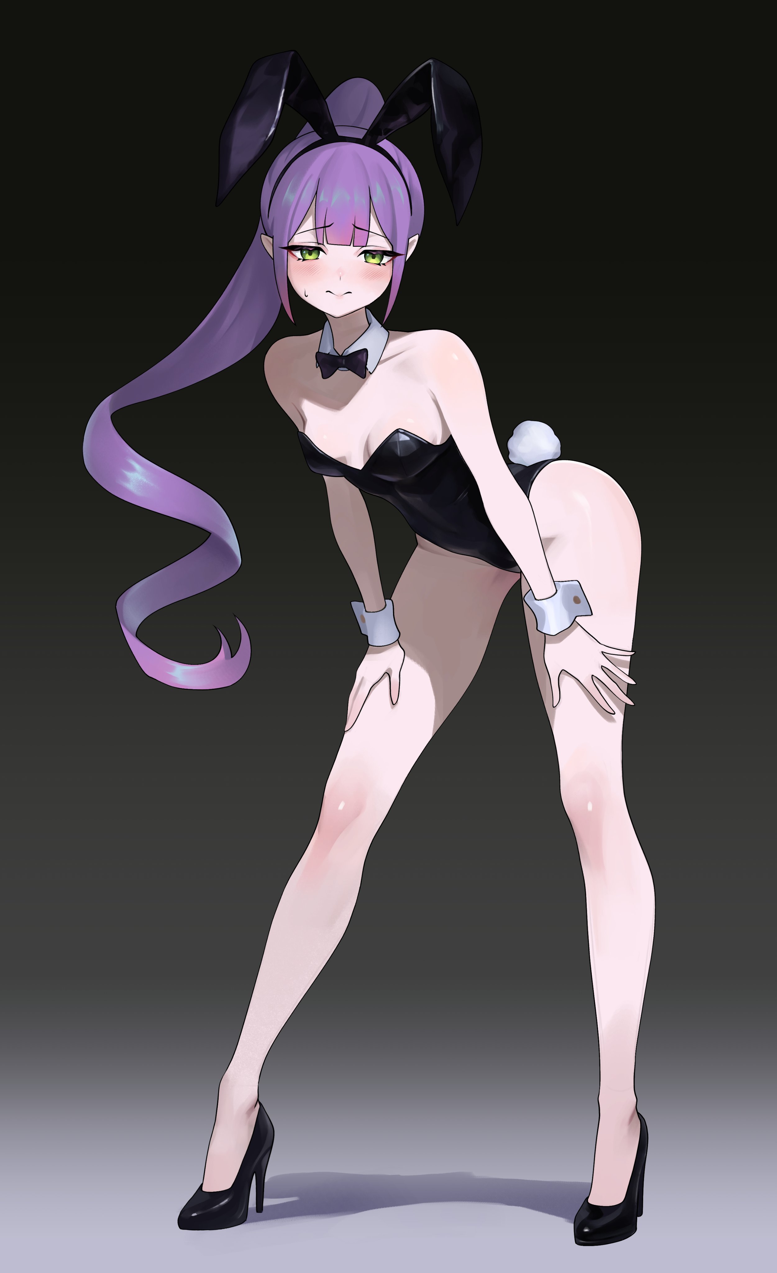 1girls, amamochi0716, bare legs, blush, breasts, bunny costume, bunnysuit, clothed female, embarrassed expression, female, female only, green eyes, high heels, holoforce, hololive, hololive japan, legs, light-skinned female, long hair, long legs, pale-skinned female, playboy bunny, ponytail, purple hair, small breasts, solo, tagme, thighs, tokoyami towa, virtual youtuber, vtuber
