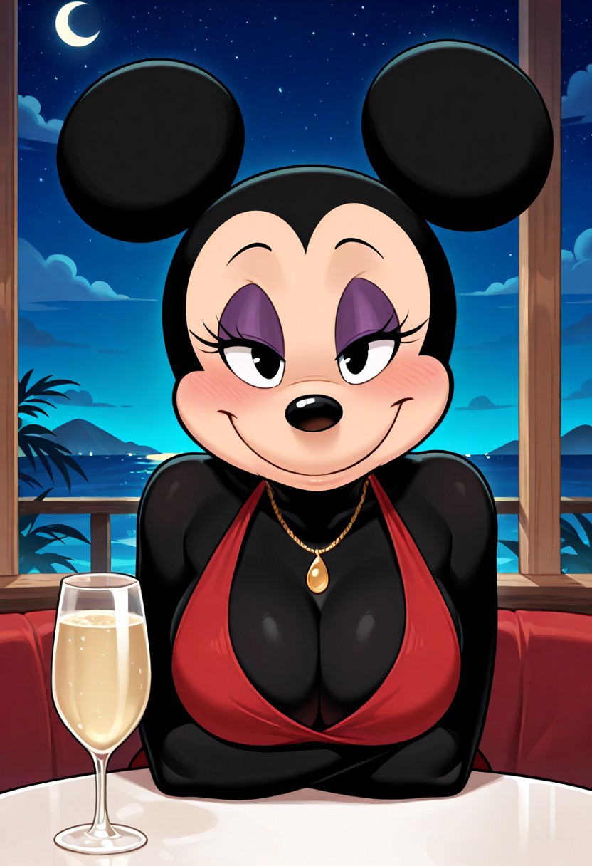 2025, ai generated, alcohol, anthro, bedroom eyes, big breasts, big ears, black body, black eyes, black fur, blush, blush lines, breasts, champagne, civitai, cleavage, date, date pov, disney, dress, eyelashes, eyeshadow, female, front view, furry, glistening, glistening body, glistening breasts, glistening fur, gold necklace, illustrious (stable diffusion), inside, looking at viewer, mammal, minnie mouse, mouse, murid, murine, narrowed eyes, necklace, purple eyeshadow, qneez, red dress, rodent, seductive, seductive look, sitting, smile, solo, solo focus, stable diffusion, tan body, tan fur, two tone body, two tone fur