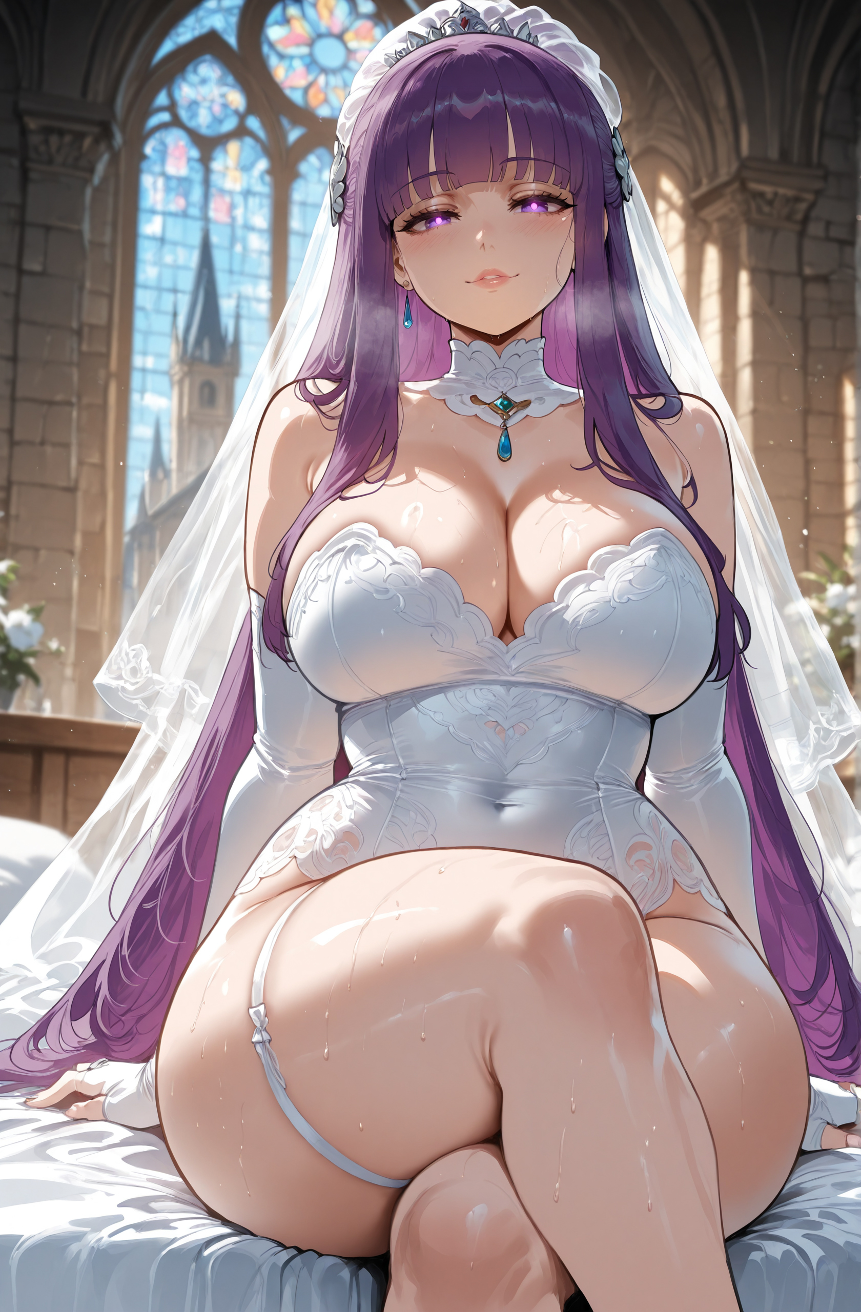 1girls, ai generated, alternate costume, bangs, bare shoulders, blunt bangs, blurry background, blush, breasts, bridal veil, bride, bright pupils, church, cleavage, clothing, covered navel, crossed legs, curvaceous, curvaceous female, curvaceous figure, curvy, curvy figure, detached collar, detached sleeves, dress, drop earrings, earrings, elbow gloves, feet out of frame, female, female focus, female only, fern (sousou no frieren), fingerless gloves, gloves, headdress, headwear, highleg, highleg leotard, indoors, inviting, inviting to sex, jewelry, large breasts, leotard, lips, long hair, looking at viewer, miyuai, presenting, presenting ass, presenting breasts, presenting hindquarters, presenting self, purple eyes, purple hair, purple pupils, seductive, seductive look, seductive smile, sitting, smile, solo, sousou no frieren, strapless, sweat, thick thighs, thigh strap, thighs, tiara, veil, very long hair, voluptuous, voluptuous female, wedding dress, white dress, white gloves, white leotard, white pupils