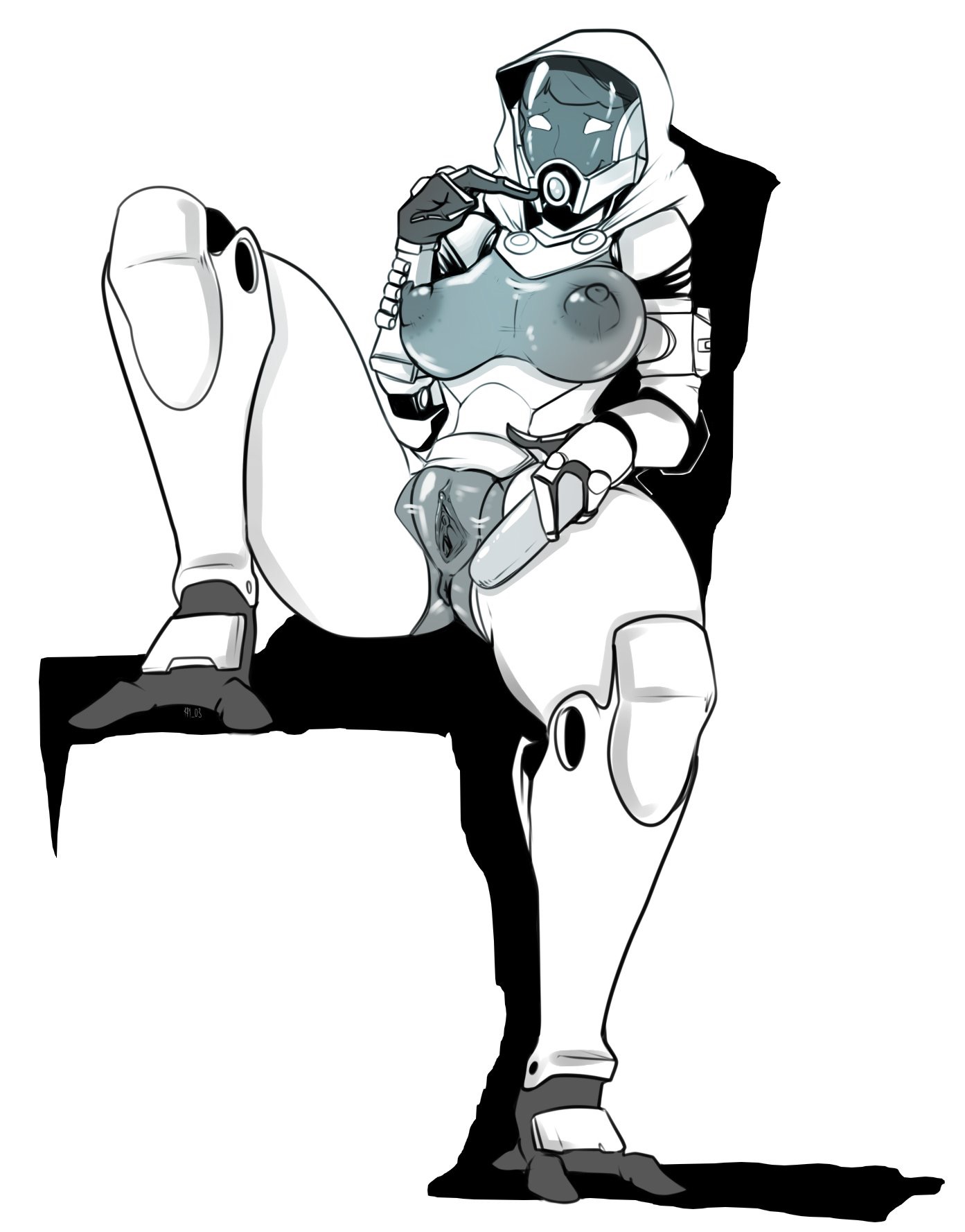 alien girl, ass, black and white, bodysuit, breasts, exposed ass, exposed breasts, exposed pussy, female, helmet, hood, karakylia, legs spread, looking at viewer, mask, masked female, mass effect, pussy, quarian, see-through, tagme, tali'zorah nar rayya, thick thighs, thighs, tits, vibrator