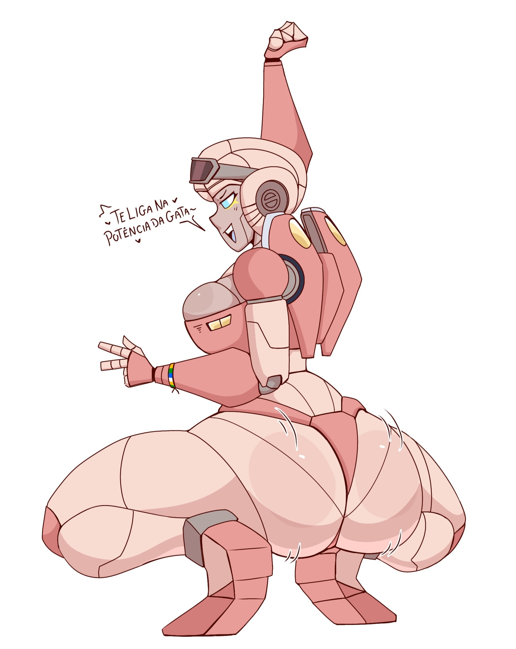 arcee, ass, big ass, big breasts, blue eyes, brazilian arcee (freakyyto), breasts, cleavage, dialogue, freakyyto, panties, pink panties, portuguese text, robot, robot girl, robot humanoid, solo, squatting, text, thick ass, thick thighs, thighs, transformers