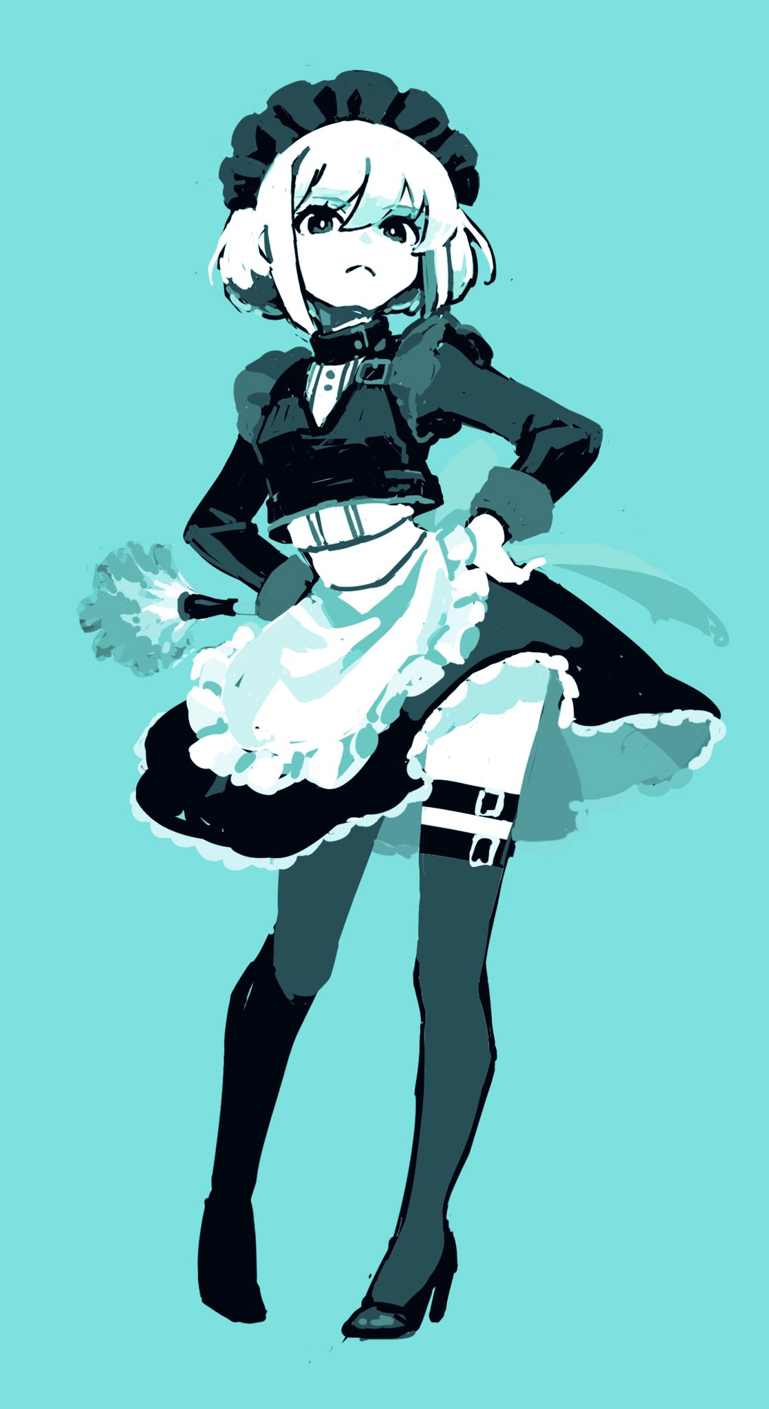 1boy, crossdressing, femboy, femboy only, lio fotia, maid, maid apron, maid headdress, maid outfit, maid uniform, male, monochrome, petite, petite body, petite male, promare, slim, slim male, slim waist, solo, stockings, thighhighs, twink