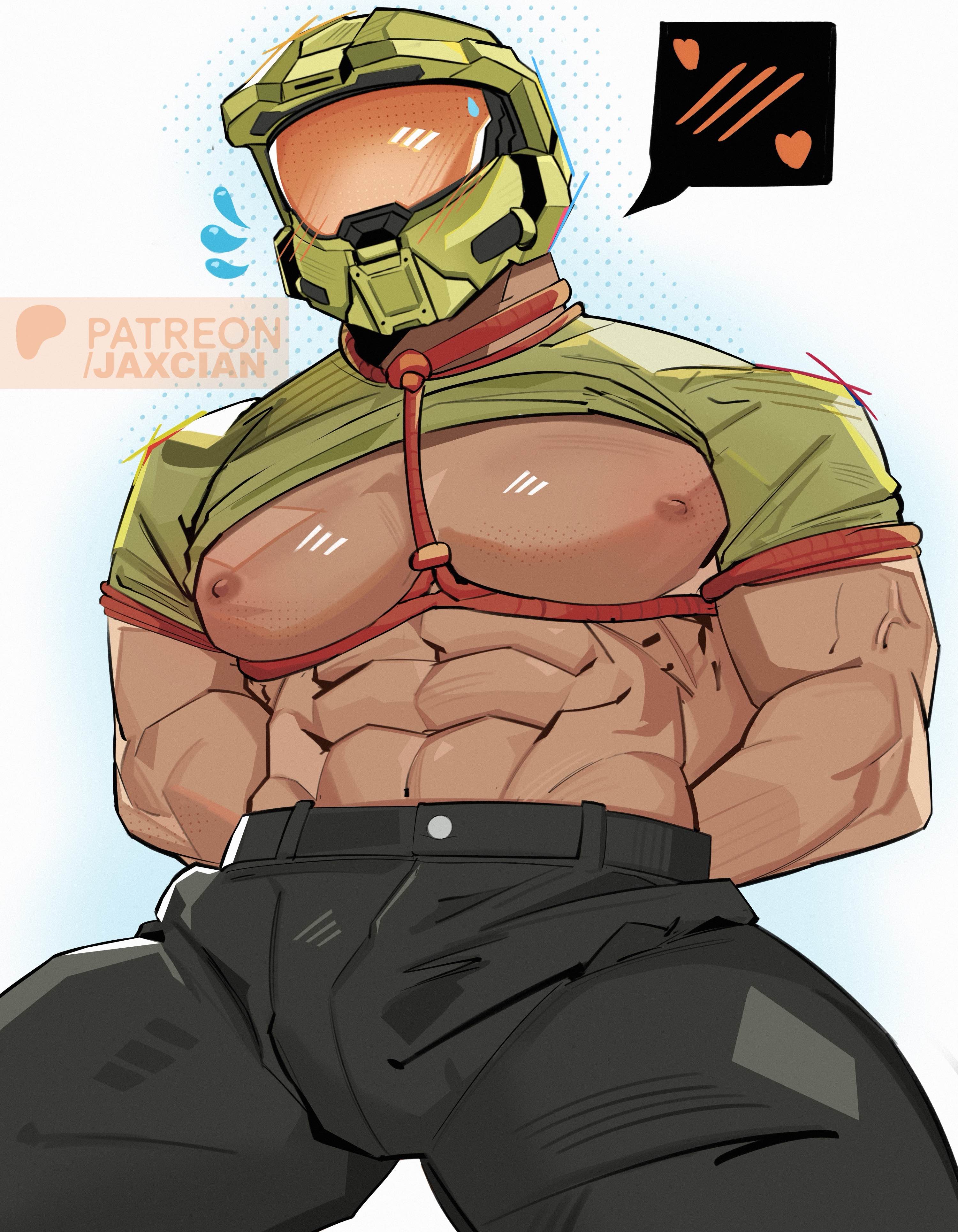 bara, bara tiddies, bara tits, gay, halo (series), human, human male, jaxcian, male, masked, masked male, masked men, masked only, master chief, muscular, muscular male, shirt lift, shirt lifted, spartan (halo), tied, tied up, yaoi