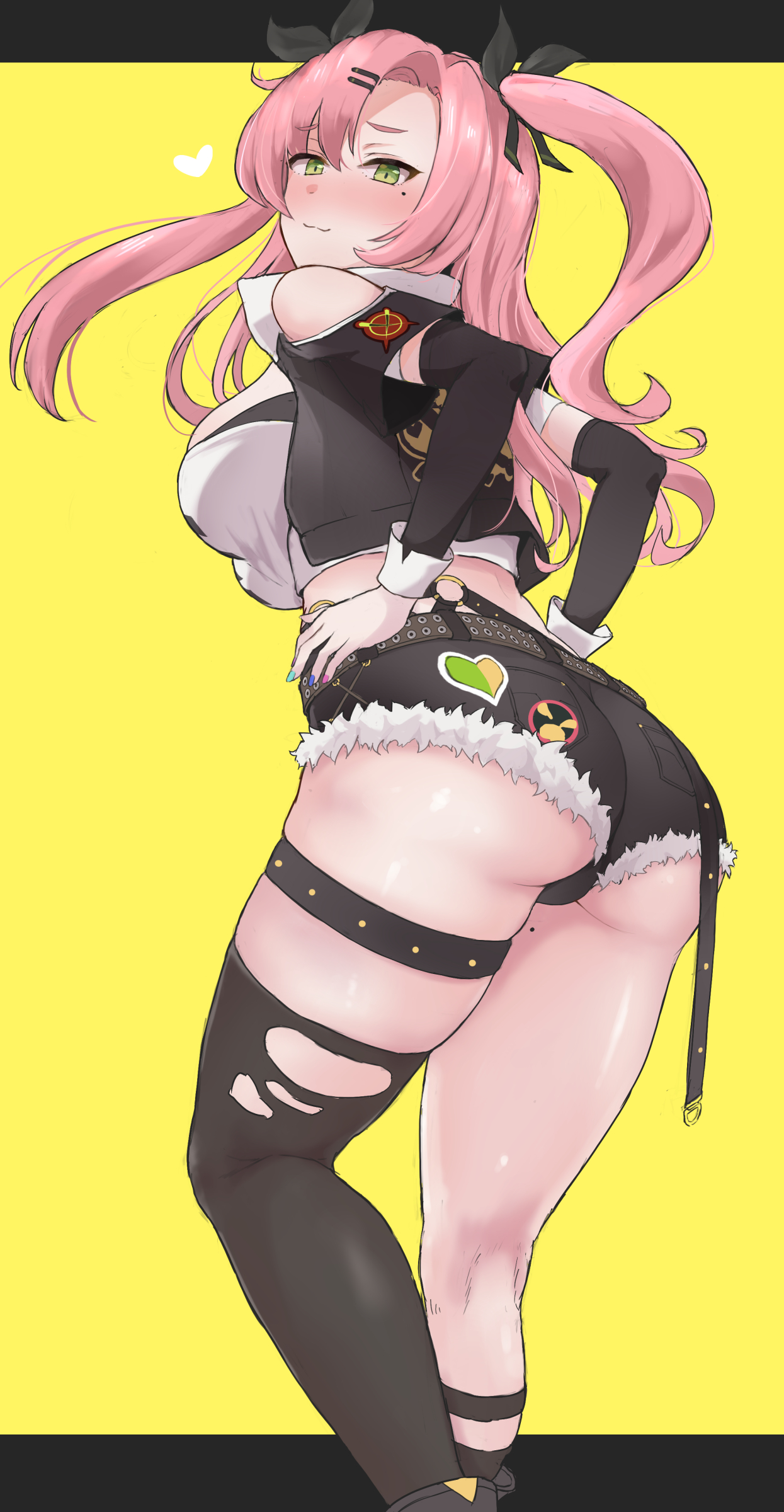 1girls, absurdres, ass, black jacket, black ribbon, black shorts, black thighhighs, blush, breasts, cropped jacket, detached sleeves, female, green eyes, hair ornament, hair ribbon, hairclip, highres, jacket, large breasts, long hair, looking at viewer, looking back, nicole demara, oumi (rsag), pink hair, ribbon, short shorts, short sleeves, shorts, single thighhigh, smile, solo, strapless, thighhighs, thighs, tube top, two side up, white tube top, zenless zone zero