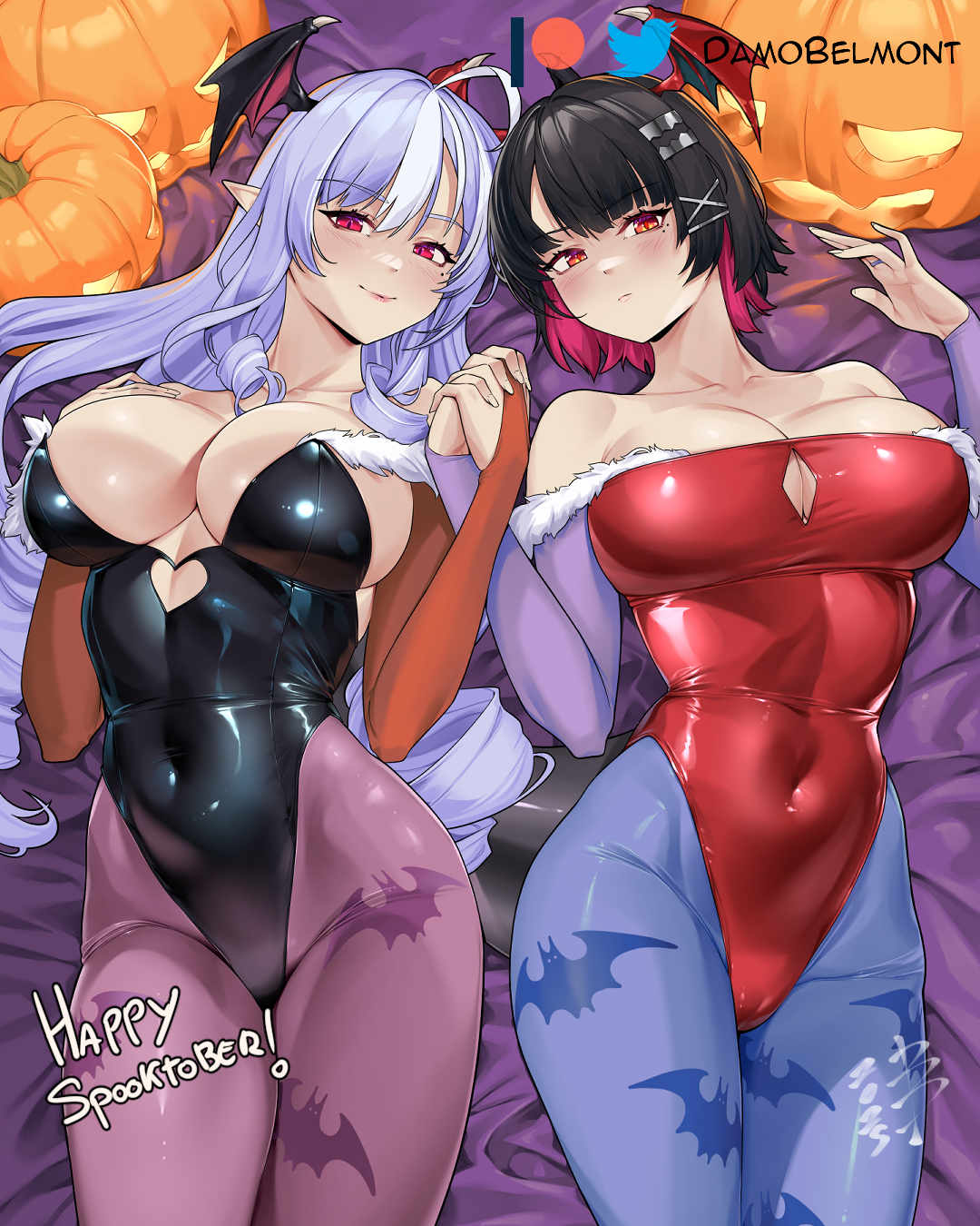 2girls, 4:5, ahoge, alternate costume, animal print, artist name, bare shoulders, bat print, big breasts, black hair, black leotard, blue pantyhose, breasts, cleavage, commentary, cosplay, covered navel, damobelmont, damodar, darkstalkers, diamond cutout, ellen joe, english commentary, feathers, female, female only, halloween, head wings, heart cutout, highleg leotard, highres, holding hands, huge breasts, large breasts, leotard, lilith (darkstalkers), lilith (darkstalkers) (cosplay), lilith aensland (cosplay), long hair, looking at viewer, lying, mole, mole under eye, morrigan aensland, morrigan aensland (cosplay), multicolored hair, multiple females, multiple girls, on back, pantyhose, patreon logo, pointy ears, print pantyhose, purple hair, purple pantyhose, red eyes, red hair, red leotard, short hair, streaked hair, twitter logo, two-tone hair, very long hair, vivian (zenless zone zero), vivian banshee, white hair, zenless zone zero