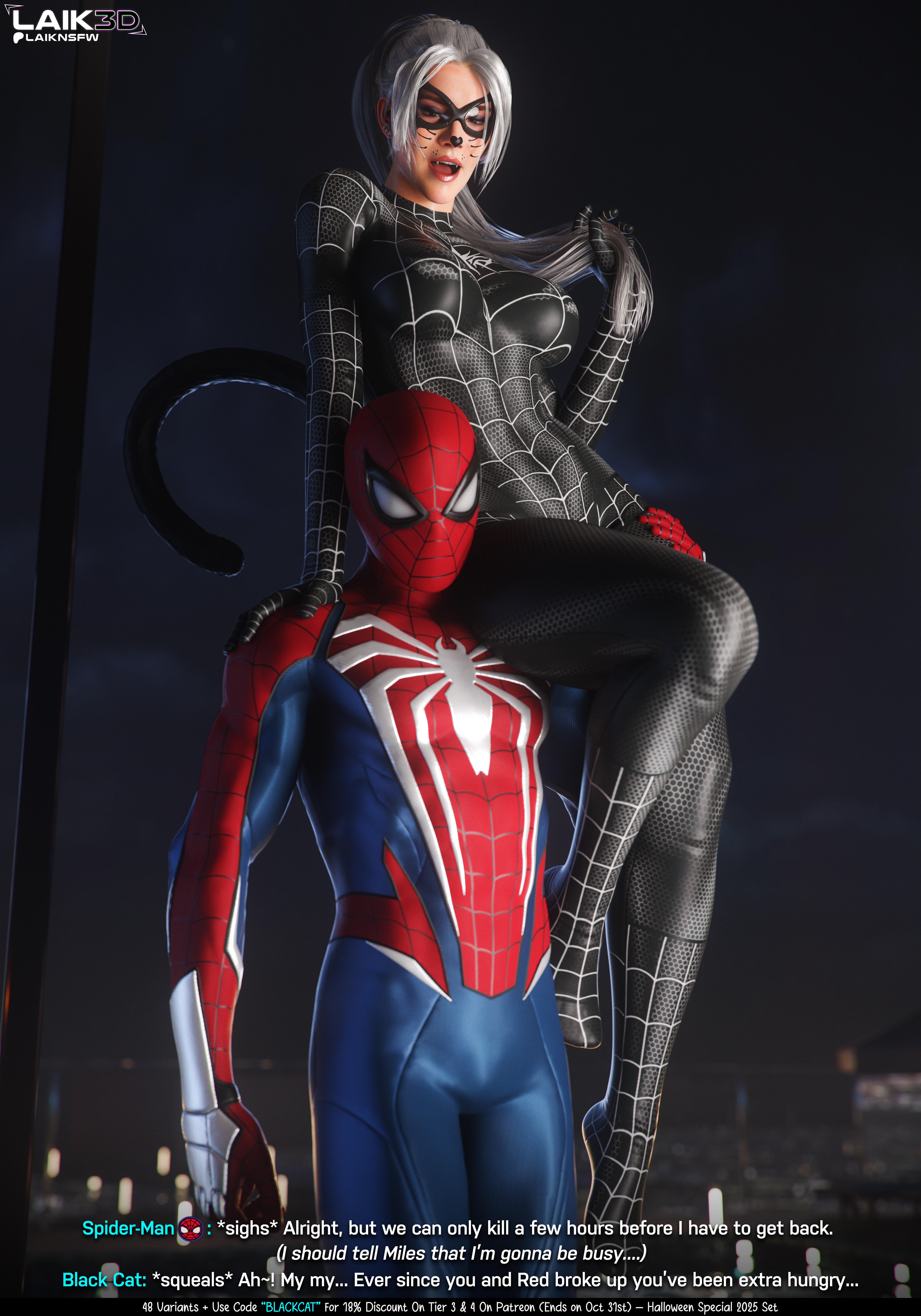 1boy, 1boy1girl, 1girl1boy, 1girls, 2025, 3d, 3d (artwork), ass, big ass, big breasts, big butt, black cat (insomniac), black cat (marvel), blender, bodysuit, breasts, carrying, carrying partner, city, city background, comic, comic page, comic panel, cosplay, couple, couple (romantic), couples, dialogue, felicia hardy, female, halloween, halloween costume, hi res, high quality, high resolution, highres, hips, hourglass figure, insomniac games, itslaiknsfw, laik3d, laiknsfw, light skin, light-skinned female, male, male/female, marvel, marvel comics, mask, masked, masked male, medium ass, medium breasts, night, peter parker, ponytail, red lipstick, romantic, romantic couple, seductive, seductive look, self upload, shiny, shiny clothes, shiny skin, skin tight, spider-man, spider-man (insomniac series), spider-man (insomniac), spider-man (series), spider-man 2 (ps5), spider-woman (cosplay), straight, subtitled, superhero, superhero couple, superheroine, symbiote suit, thick ass, thick breasts, thick butt, tight clothes, tight clothing, voluptuous, voluptuous female, waist, whip, white hair