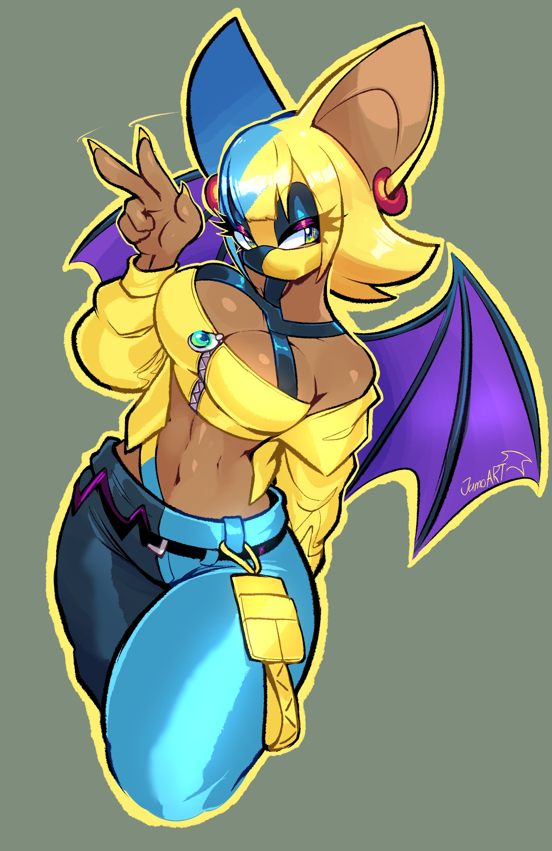 absurdres, bat wings, blonde hair, blue hair, breasts, canari (pokemon), canary (pokemon), cleavage, curvy, earrings, eyeshadow, female, female focus, furry, furry female, green eyes, highres, jamoart, jewelry, large breasts, looking at viewer, makeup, mask, masked female, multicolored hair, nail polish, navel, nintendo, pokemon, pokemon legends: z-a, rouge the bat, short hair, simple background, solo, sonic (series), two-tone hair, v, wide hips, wings