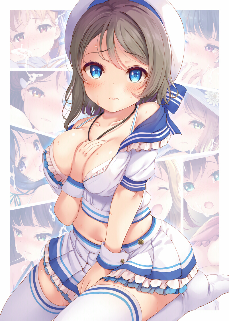 bad_perspective bangs bare_shoulders between_breasts blue_bow blue_eyes blue_sailor_collar blush bow bra breasts cleavage collarbone commentary_request crop_top eyebrows_visible_through_hair facial female frilled_bra frills grey_hair hand_between_breasts hat idol jewelry komone_ushio large_breasts layered_skirt looking_at_viewer love_live! love_live!_sunshine!! medium_breasts midriff miniskirt navel necklace off_shoulder petticoat pleated_skirt sailor_collar sailor_hat seiza short_hair sitting skirt skirt_set solo_focus sweat swept_bangs thighhighs thighs underwear watanabe_you white_bra white_legwear wrist_cuffs