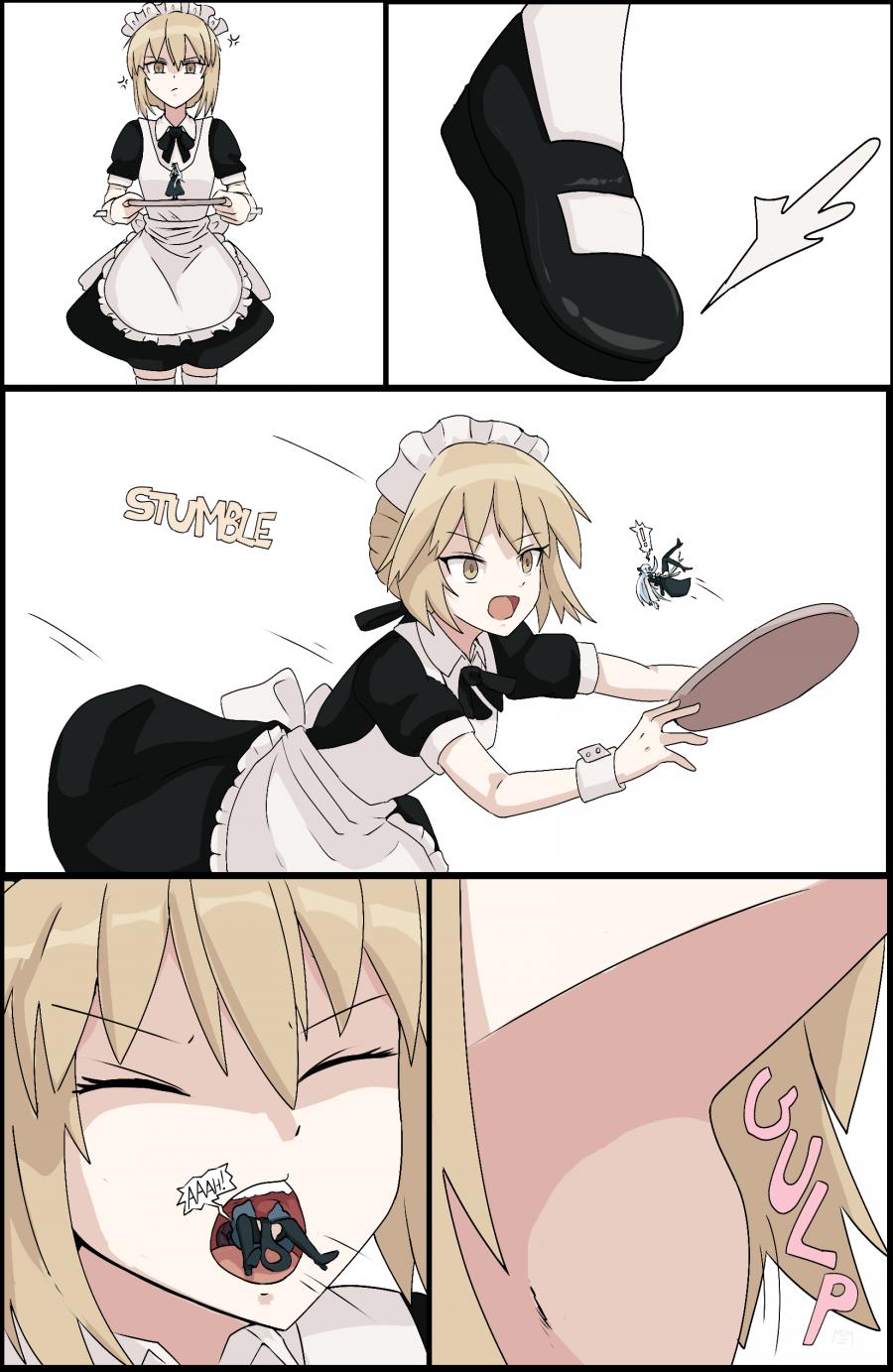 !, 1themainman1, 2025, 2d, 2girls, accident, accidental vore, angry, angry expression, artist name, artoria pendragon, artoria pendragon (alter), blonde female, blonde hair, blue hair, carrying partner, clothed, clothes, clothing, color, colored, english text, fate (series), female, female only, fully clothed, fully clothed female, giantess, giantess vore, holding object, holding tray, long hair, macro, macro female, macro/micro, maid, maid headdress, maid outfit, maid uniform, micro, micro female, morgan le fay (fate), neck bulge, onomatopoeia, oral vore, saber alter, short hair, shrunk, shrunken female, size difference, standing, swallowed whole, text, tripping, vore, vore comic, voretober, voretober 2025, yellow eyes