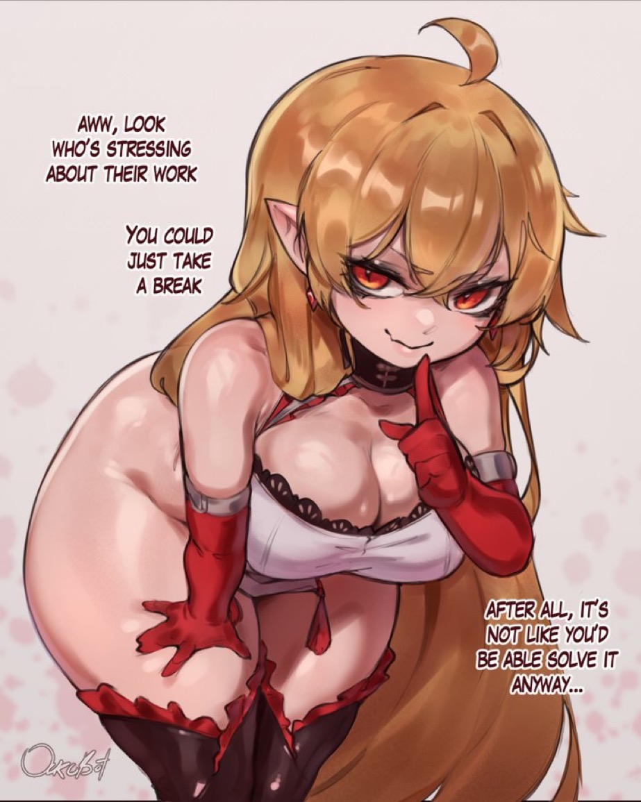 1girls, 2d, 2d (artwork), ahoge, armwear, artist name, big breasts, black legwear, brat, bratty, breasts, child bearing hips, choker, cleavage, cute, cute fangs, earrings, english text, eyeliner, fangs, female, female focus, front view, full color, hand on thigh, hips, hips wider than shoulders, imminent sex, leaning forward, legwear, light-skinned female, naughty face, oc, orange hair, original, original character, ourobot, partially clothed, red armwear, red eyes, red gloves, seductive, seductive look, shortstack, simple background, talking to viewer, tempting, tempting viewer, text, thick, thick thighs, thighs, vampire, vampire girl, white panties, white topwear, wide hips