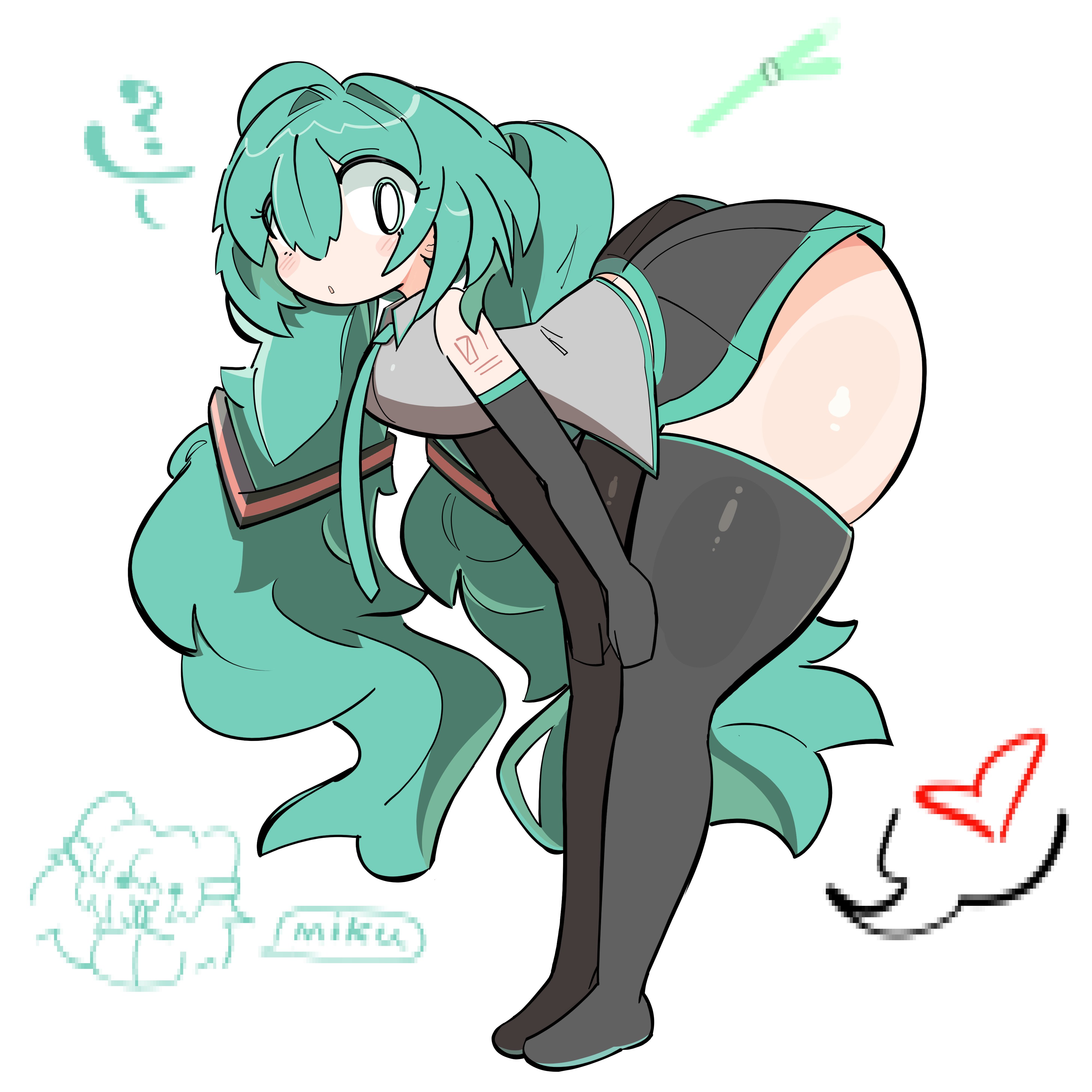 ?, 1girl, 1girls, 2026, aqua eyes, aqua hair, aqua necktie, ass, bent over, big thighs, black gloves, black skirt, blue eyes, blue hair, blush, boots, breasts, clothed, clothing, collared shirt, color, colored, cute, detached sleeves, elbow gloves, female, female only, fully clothed, gloves, green hair, grey shirt, hatsune miku, hi res, legwear, long hair, looking at viewer, looking back, merricuwu, necktie, pleated skirt, shirt, simple background, skirt, sleeveless, sleeveless shirt, solo, sweat, sweatdrop, thick ass, thick thighs, thigh boots, thighhighs, thighs, twintails, very long hair, virtualgirl, vocaloid, white background, white skin