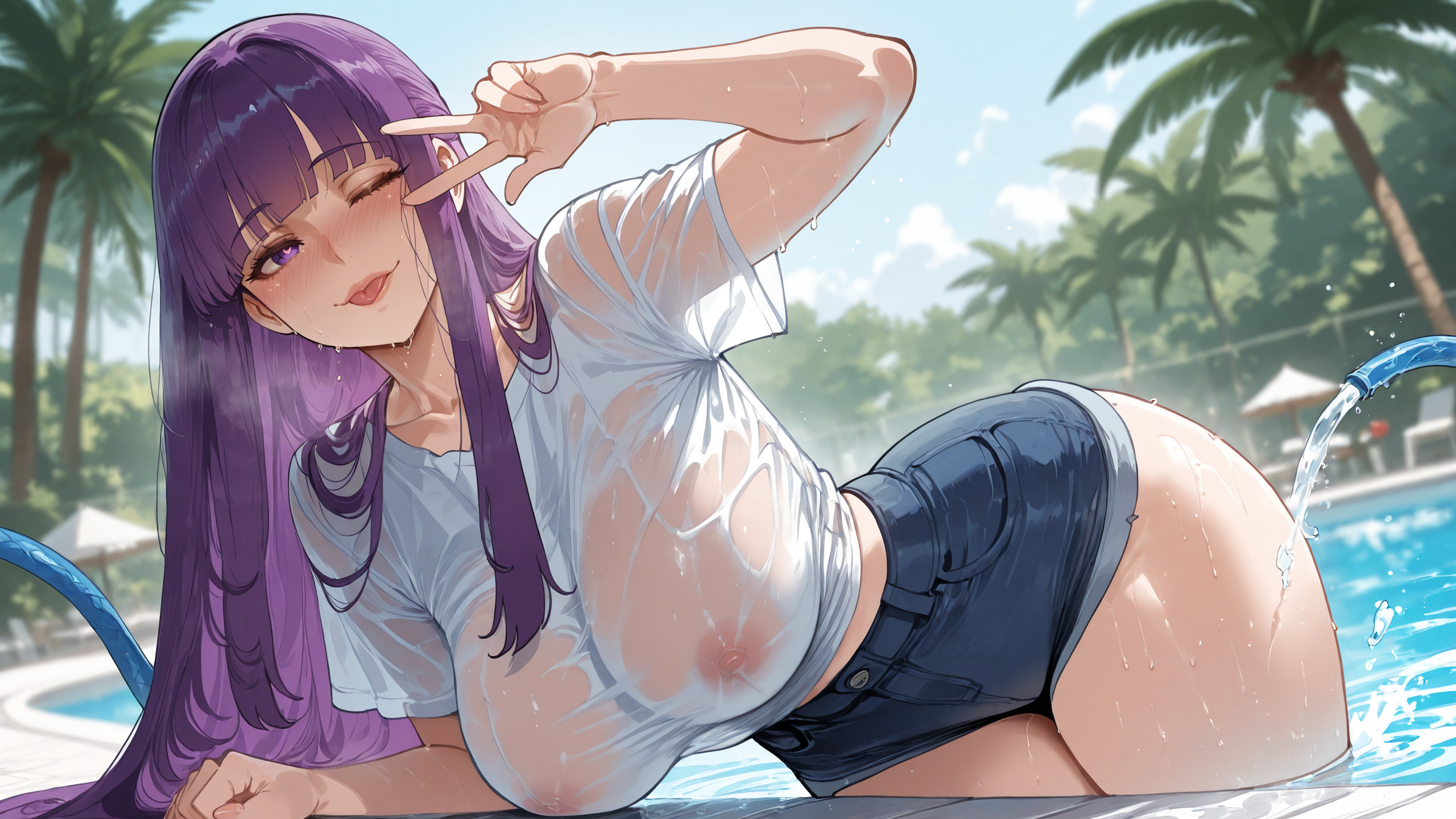 ;p, 1girls, ai generated, bangs, blue shorts, blunt bangs, blurry background, blush, breasts, clothing, collarbone, covered nipples, curvaceous, curvaceous female, curvaceous figure, curvy, curvy figure, day, denim, denim shorts, female, female focus, female only, fern (sousou no frieren), hose, inviting, inviting to sex, large breasts, long hair, looking at viewer, miyuai, nipples, one eye closed, outdoors, palm tree, pool, poolside, presenting, presenting ass, presenting breasts, presenting hindquarters, presenting self, purple eyes, purple hair, seductive, seductive look, seductive smile, see-through, see-through shirt, shirt, short shorts, short sleeves, shorts, sky, smile, solo, sousou no frieren, swimsuit, thighs, tongue, tongue out, tree, v, v over eye, voluptuous, voluptuous female, water, wet, wet clothes, wet shirt, white shirt