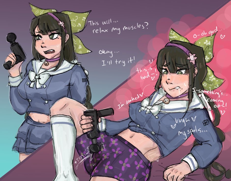 1girls, biting lip, brown hair, chabashira tenko, clothed masturbation, danganronpa, danganronpa (series), danganronpa v3, female, heart-shaped pupils, looking pleasured, masturbation, masturbation through clothing, solo, solo focus, tenkospats, text, vibrator