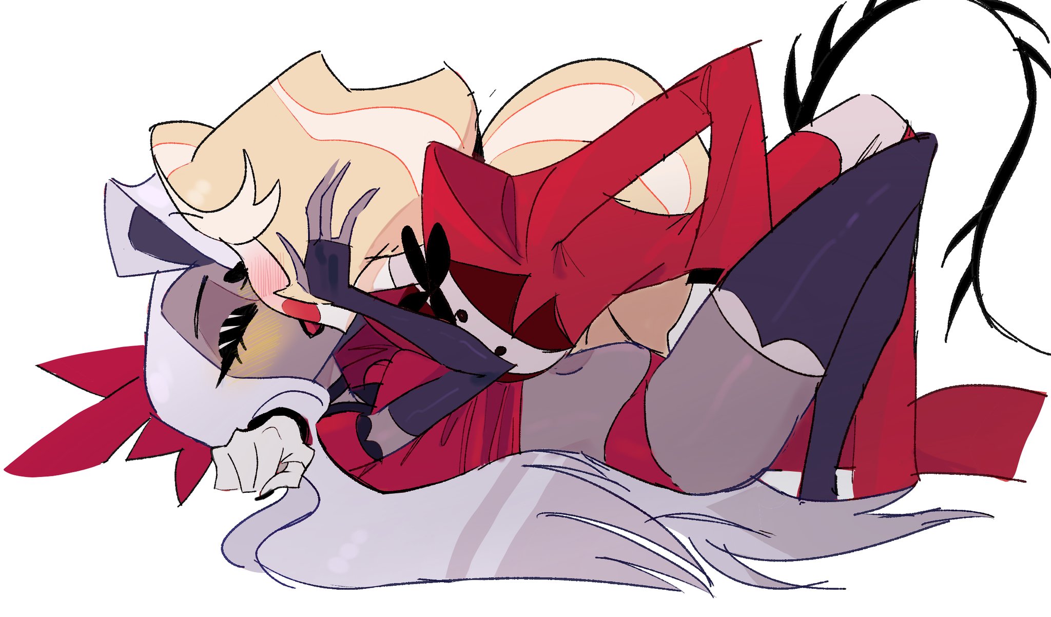 2girls, blush, canon couple, ch00ls, chaggie, charlie morningstar (hazbin hotel), clothing, demon, demon girl, female, hazbin hotel, leggings, lesbian kiss, lesbian sex, long hair, navel, no skirt, panties, red panties, ribbon, underwear, vaggie (hazbin hotel), vivienne medrano, white background, yellow hair, yuri