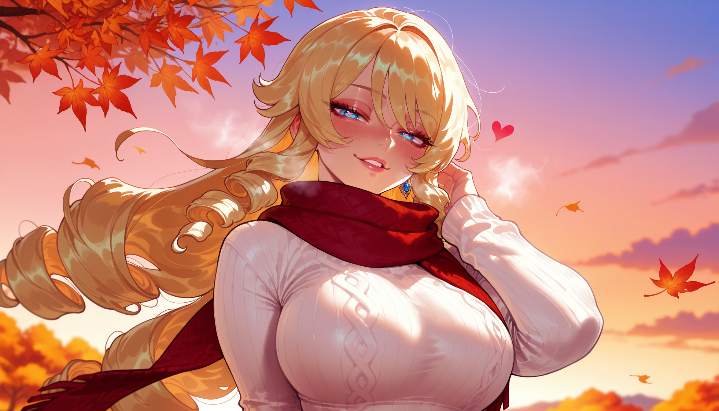 1girls, ai generated, alternate costume, autumn, autumn leaves, balecxi, bangs, blonde hair, blue eyes, blush, breasts, breath, cable knit, clothing, cloud, curvaceous, curvaceous female, curvaceous figure, curvy, curvy figure, drill hair, drill sidelocks, earrings, female, female focus, female only, genshin impact, grin, jewelry, large breasts, leaf, long hair, long sleeves, looking at viewer, maple leaf, navia (genshin impact), outdoors, parted lips, red scarf, ringlets, scarf, sidelocks, sky, smile, solo, sunset, sweater, upper body, voluptuous, voluptuous female, white sweater