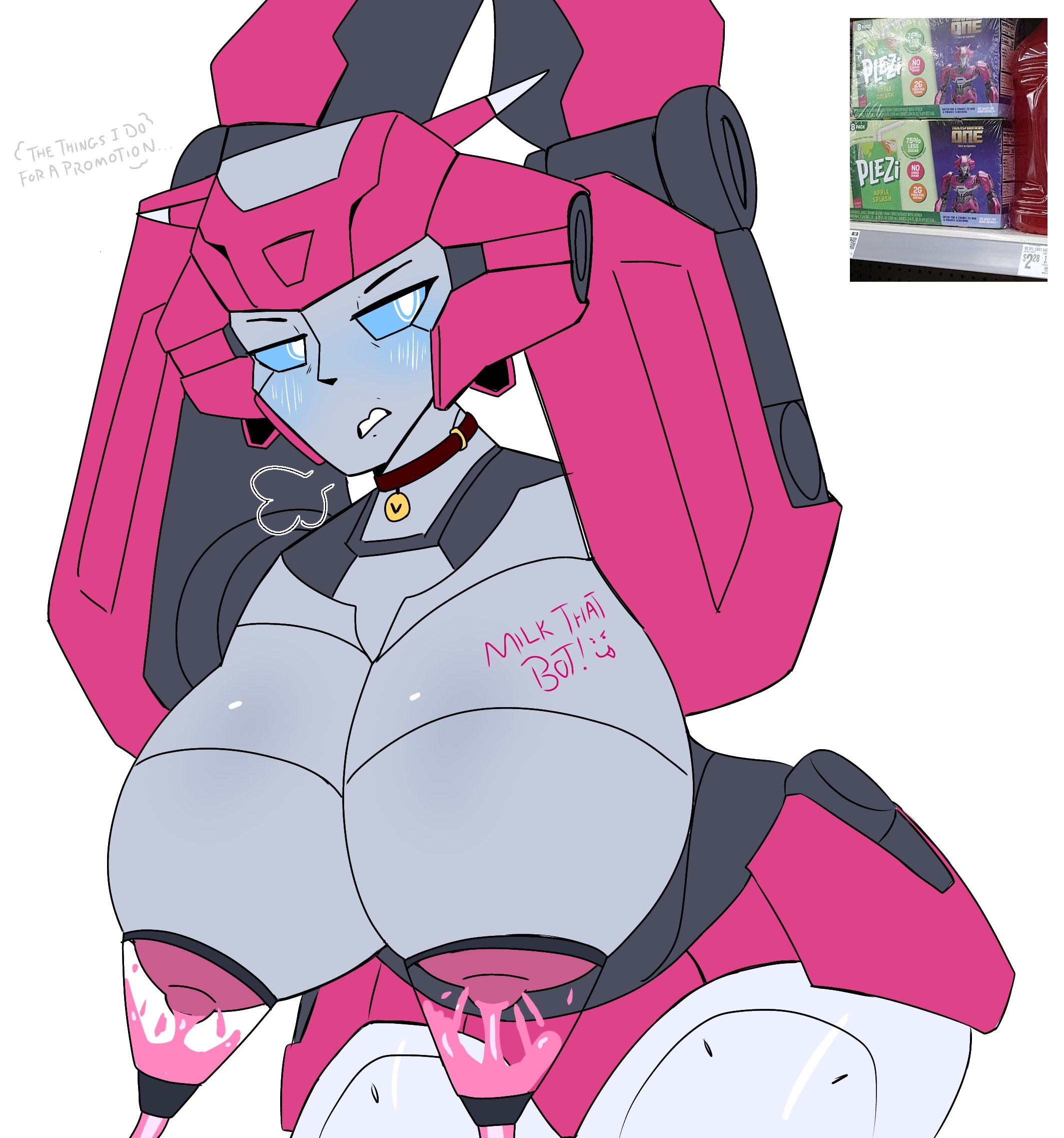 big breasts, blue eyes, blush, breasts, elita one, elita-one, freakyyto, grey skin, large breasts, milking, milking machine, nipples, panties, pink nipples, pink panties, robot, robot girl, robot humanoid, solo, transformers, transformers one