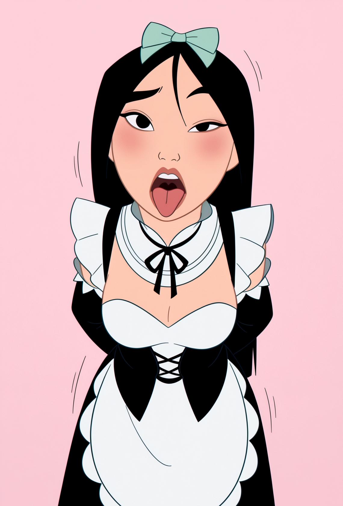 1girl, ahegao, ai generated, apron, arms behind back, asian, asian female, black eyes, black hair, blush, bow, breasts, cleavage, clothed, collar, disney, elbow gloves, eyebrows, fa mulan, female, hairbow, lips, long hair, looking at viewer, maid, maid apron, maid dress, maid outfit, maid uniform, motion lines, mulan, mulan (1998 film), mysterious bride (ai generator), on model, open mouth, raised eyebrow, tongue out