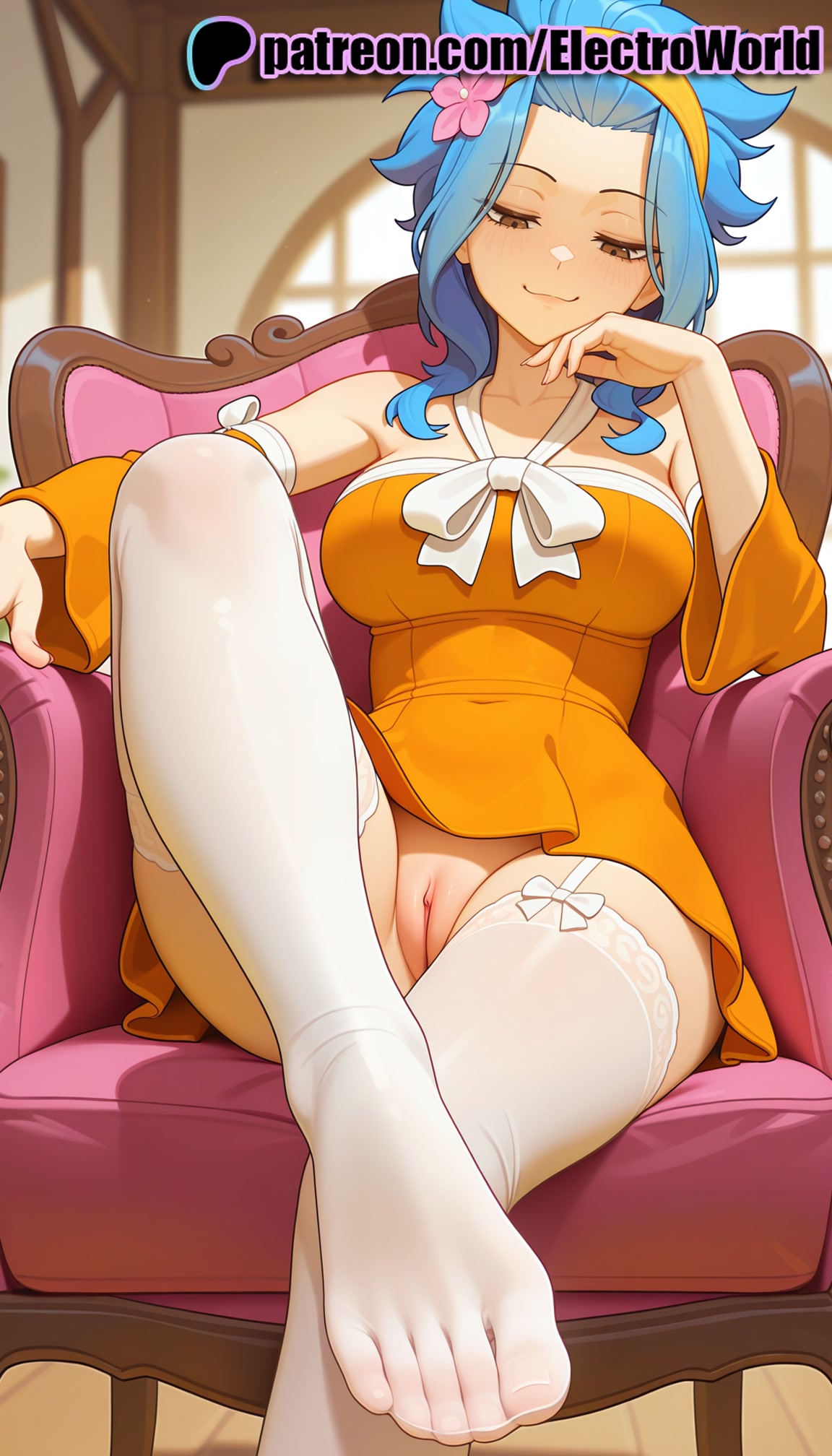 1girls, 2025, ai generated, artist name, blue hair, blue-haired female, breasts, bust, chair, chest, clitoral hood, clitoris, dress, electroworld, exposed pussy, fairy tail, feet, female, flower, hair flower, hair ornament, hand on own face, hi res, high quality, high resolution, highres, indoors, juicy pussy, levy mcgarden, orange dress, patreon, patreon username, pussy, sitting, smile, solo, stable diffusion, thighhighs, tight pussy, toes, vagina, watermark, white legwear