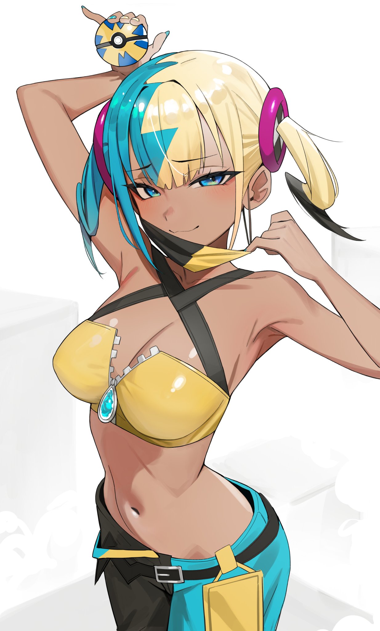 1girls, aqua hair, armpits, arms up, bandeau, bare shoulders, black mask, blonde hair, blue eyes, blue nails, blush, breasts, canari (pokemon), canary (pokemon), center-flap bangs, cleavage, closed mouth, collarbone, criss-cross halter, criss-cross straps, female, halterneck, highres, holding, holding poke ball, kiritzugu, large breasts, looking at viewer, mask, mask pull, multicolored clothing, multicolored hair, multicolored pants, nail polish, navel, nintendo, pants, partially unzipped, pokeball, pokemon, pokemon legends: z-a, quick ball, short twintails, smile, solo, split-color hair, sports bra, twintails, two-tone clothing, two-tone clothing (blackandblue), two-tone hair, two-tone mask, two-tone pants, yellow mask, yellow nails, yellow sports bra