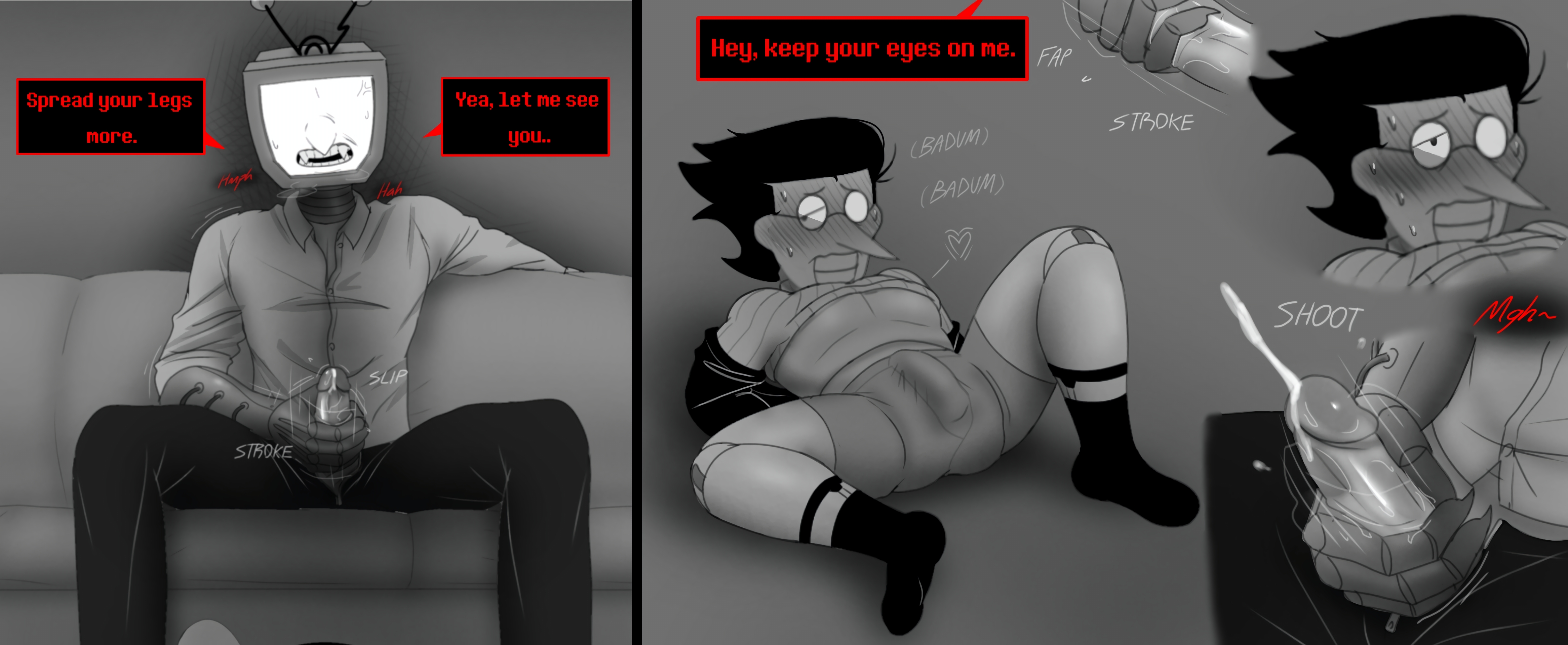 alternate universe, cliodoesntdraw, cum, defernull, deltarune, dialogue, gay, half-dressed, humiliation, male, male only, masturbation, precum, size difference, spamtenna, spamton g spamton, tenna (deltarune), yaoi