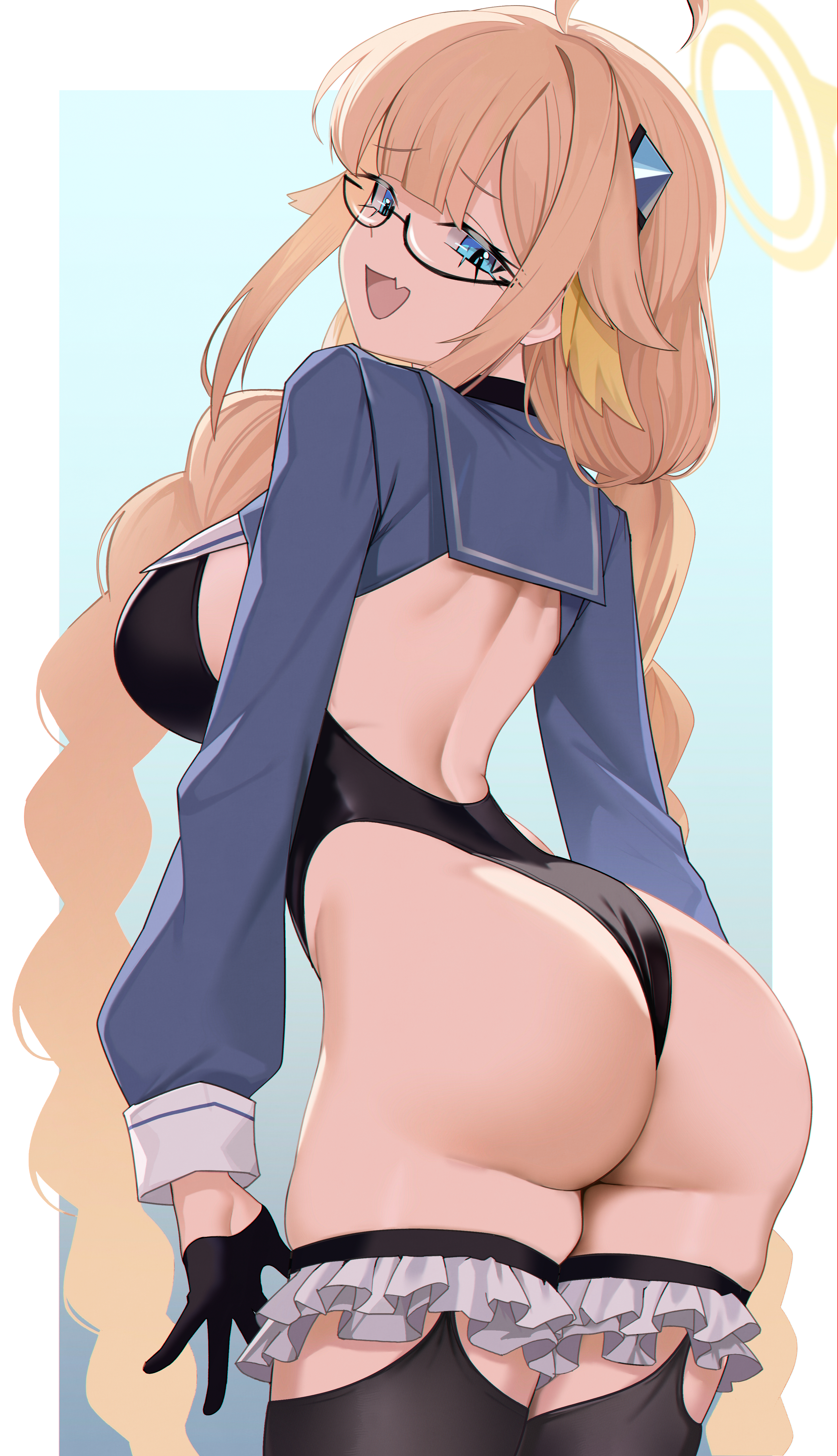 absurdres, ahoge, aqua eyes, arched back, ass, back, bine kun, black leotard, black thighhighs, black-framed eyewear, blue archive, blue shrug, blunt bangs, blush, braid, breasts, commentary, cute fang, feather hair, feathers, female, from behind, glasses, gloves, hair ornament, half gloves, halo, highres, huge ass, large breasts, leotard, long hair, long sleeves, looking at viewer, looking back, low twin braids, official alternate costume, official alternate hairstyle, open mouth, orange hair, semi-rimless eyewear, shimiko (blue archive), shimiko (magical) (blue archive), shrug (clothing), skin fang, smile, smug, solo, super highleg, thick thighs, thighhighs, thighs, twin braids, very long hair, yellow feathers, yellow halo