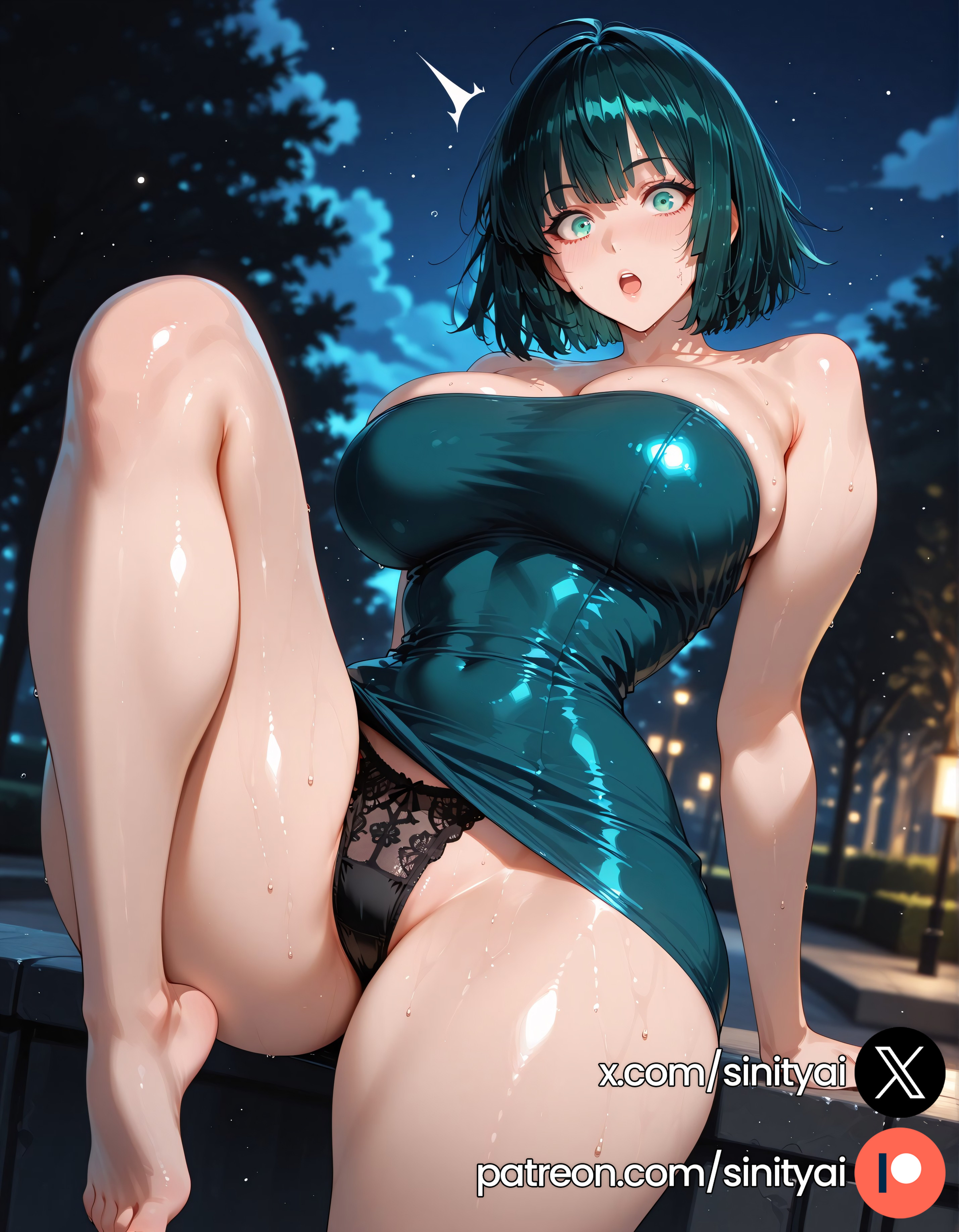 1girls, 2025, ai generated, ass, big ass, big breasts, blurred background, blurry background, breasts, depth of field, female, fubuki (one-punch man), green eyes, green hair, hi res, high quality, high resolution, highres, huge ass, huge breasts, huge thighs, one-punch man, shiny hair, short hair, sinity, small waist, thick thighs, thin waist