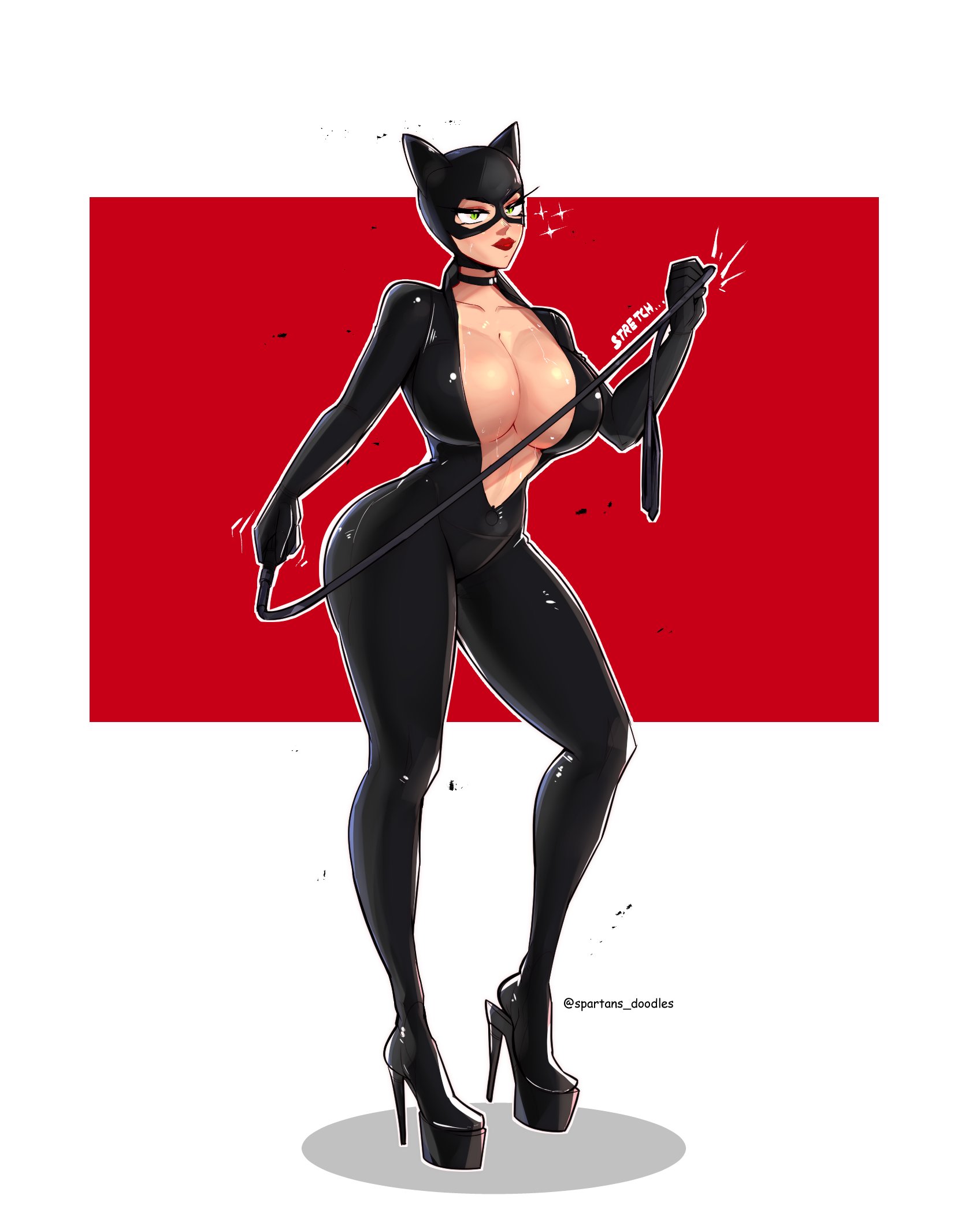 1girls, barely contained breasts, barely fits, boots, breasts, catwoman, cleavage, dc, dc comics, female, female focus, female only, high heel boots, high heels, large breasts, light skin, light-skinned female, selina kyle, solo, spartandoodles, supersuit, thick thighs, thighs, tight fit, tight supersuit, wide hips, zipper, zipper down