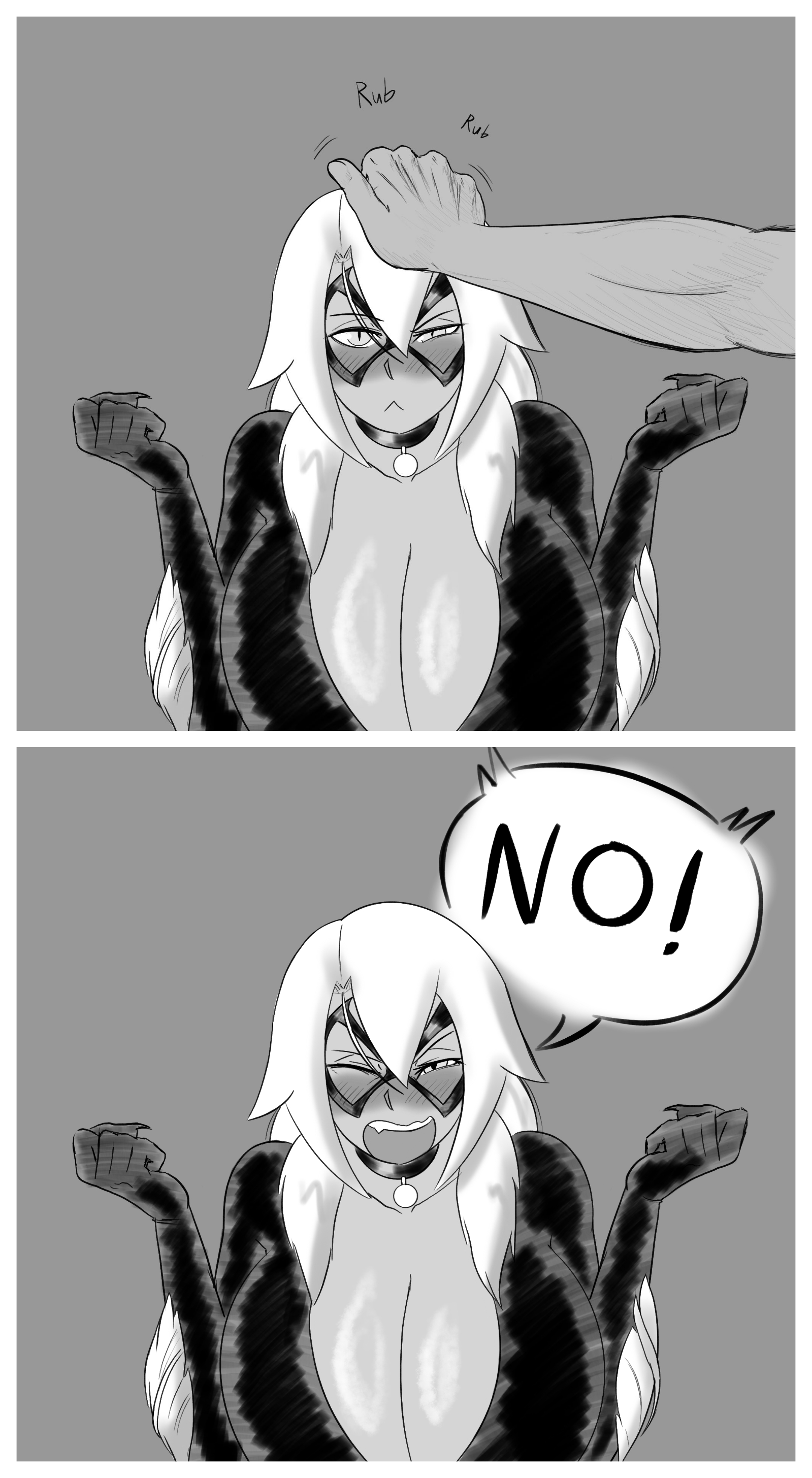 1girls, 2d, 2d (artwork), adorable, angry, angry at viewer, angry expression, angry face, bell collar, big breasts, black bodysuit, black cat (marvel), blush, blushing female, bodysuit, breasts, cat eyes, catgirl, choker, cleavage, collar, curvaceous, curvy, curvy figure, cute, cute expression, cute face, domino mask, embarrassed, embarrassed expression, embarrassed female, eyelashes, felicia hardy, feline eyes, female, female focus, grey background, huge breasts, light-skinned female, long hair, looking at viewer, marvel, marvel comics, massive breasts, no bra, noirsun00, open mouth, pet, petting, petting head, rubbing, simple background, simple coloring, simple shading, skin tight, skin tight suit, spider-man (series), text, text bubble, third-party edit, tight clothes, tight clothing, voluptuous, voluptuous female, white hair, wholesome, yelling