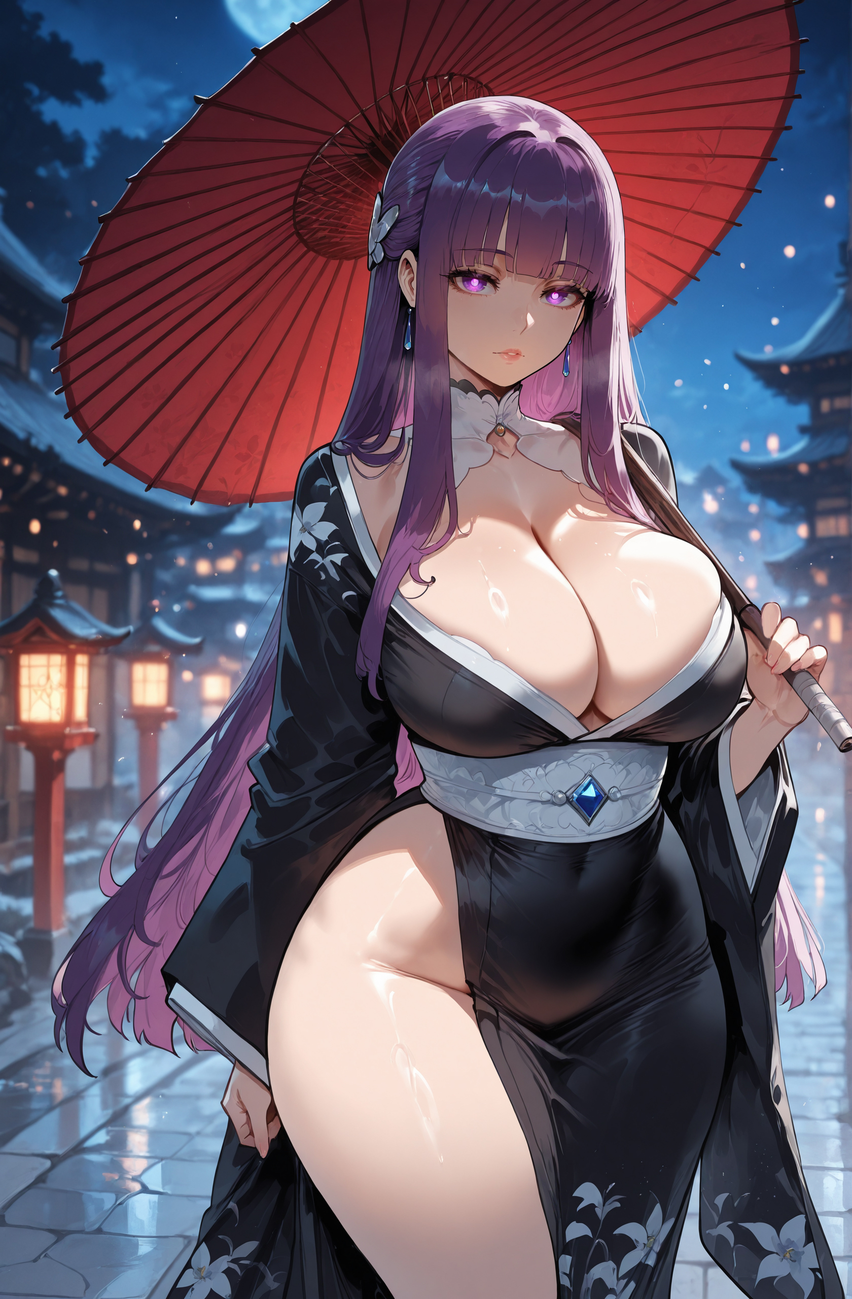 1girls, ai generated, alternate breast size, alternate costume, architecture, bangs, black dress, black kimono, blunt bangs, breasts, bright pupils, cleavage, clothing, covered navel, curvaceous, curvaceous female, curvaceous figure, curvy, curvy figure, detached collar, dress, earrings, east asian architecture, female, female focus, female only, fern (sousou no frieren), floral print, full moon, hair ornament, holding, holding umbrella, huge breasts, inviting, japanese clothes, jewelry, kimono, large breasts, lips, long hair, long sleeves, looking at viewer, miyuai, moon, night, night sky, no panties, obi, oil-paper umbrella, outdoors, presenting, presenting ass, presenting breasts, presenting hindquarters, presenting self, purple eyes, purple hair, purple pupils, red umbrella, robe, sash, seductive, seductive look, seductive smile, side slit, sidelocks, sky, snowing, solo, sousou no frieren, standing, straight hair, thick thighs, thighs, traditional clothes, umbrella, very long hair, voluptuous, voluptuous female, wide hips, wide sleeves