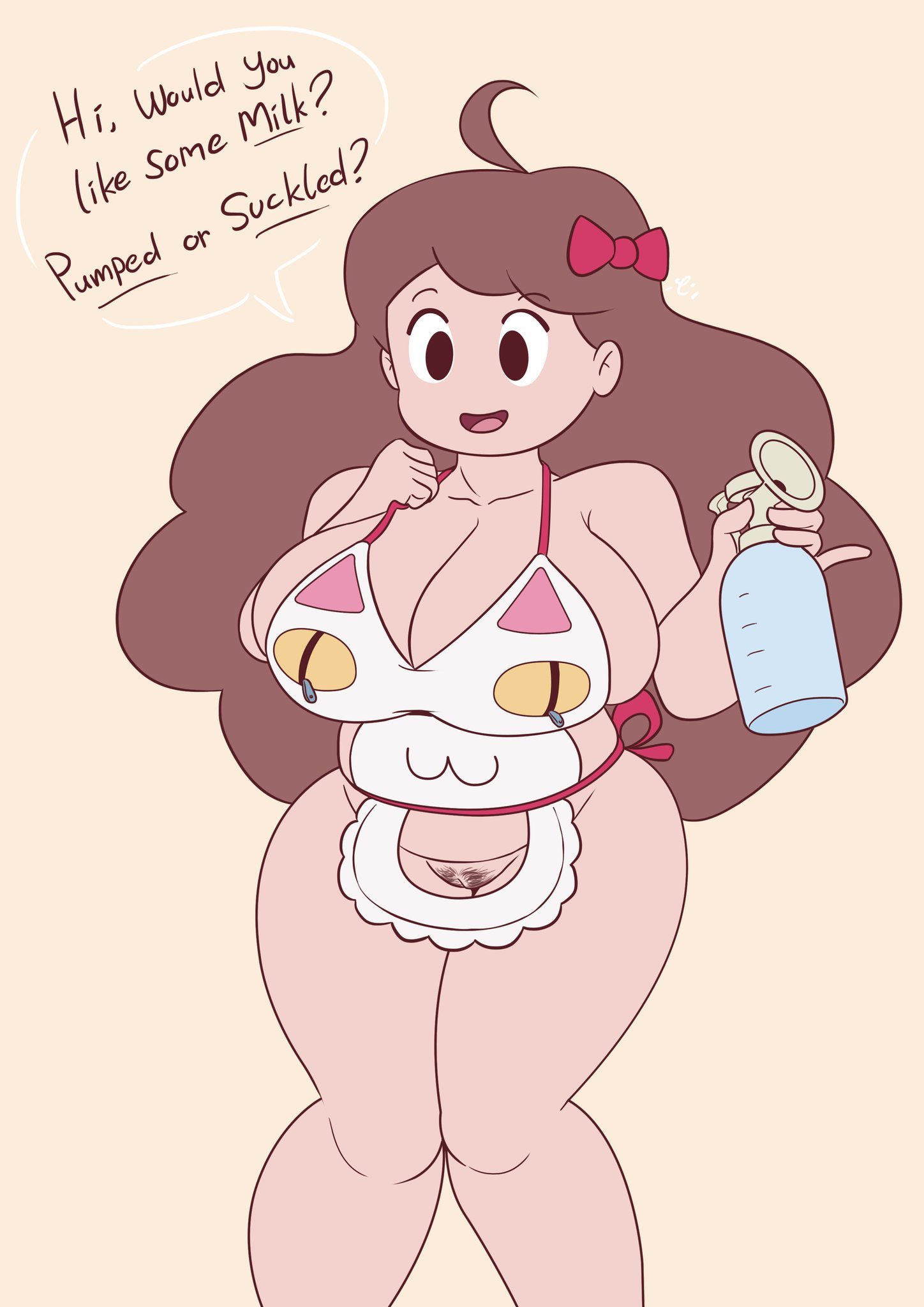1girls, apron, apron only, bee (bee and puppycat), bee and puppycat, breasts, brown hair, chubby, female, insectarybutlwd, light skin, light-skinned female, text, thighs