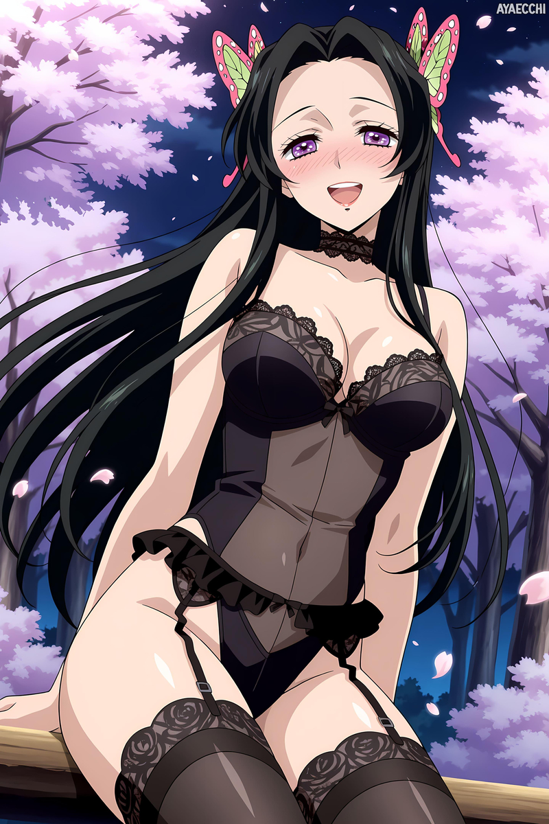 ai generated, ayaecchi, big breasts, big thighs, black hair, blush, breasts, butterfly hair ornament, demon slayer, female, female focus, female only, happy, kimetsu no yaiba, kochou kanae, lingerie, lipstick, socks, tomioka giyuu, violet eyes