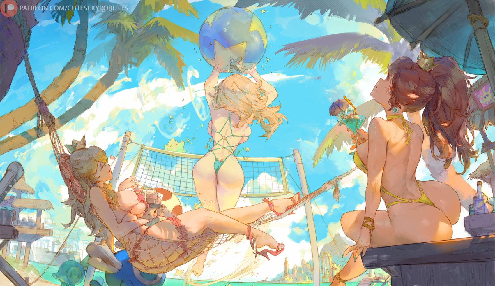 2boys, 3girls, absurdres, alternate breast size (larger), ass, backboob, ball, barefoot, beach, beach ball, beachball, big ass, big breasts, big butt, bikini, blonde hair, blue sky, bottle, breasts, brown hair, casual one-piece swimsuit, cataquack, cloud, commentary, crown, cup, cutesexyrobutts, day, drink, english text, facing away, feet, female, female focus, foot out of frame, from behind, green one-piece swimsuit, hair over one eye, highres, holding, holding cup, jumping, large breasts, legs, light skin, light-skinned female, long hair, looking at viewer, luma, lying, male, mario, mario (series), mixed-language commentary, multiple females, multiple girls, nintendo, on back, one-piece swimsuit, open toe shoes, outdoors, palm tree, parasol, patreon logo, patreon username, princess daisy, princess peach, princess rosalina, red one-piece swimsuit, red sandals, red toad (mario), rosalina, sandals, shine sprite, shoes, sideboob, sitting, sky, soles, strappy heels, super mario 64, super mario bros., super mario sunshine, swimsuit, thick thighs, toad (mario), toes, tree, umbrella, volleyball, volleyball net, web address, wing cap, wing mario, yellow one-piece swimsuit