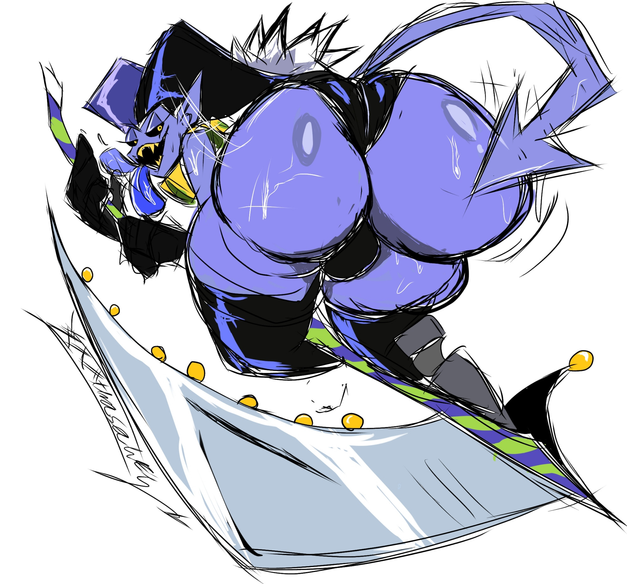 1boy, 1male, big ass, big butt, boots, bulge, deltarune, femboy, imp, jester, jester hat, jevil (deltarune), licking, looking at viewer, looking back, male, male only, presenting, presenting ass, presenting hindquarters, scythe, solo, solo focus, solo male, tail, teasing, thong, tongue, tongue out, twink, undertale (series), underwear, xxxtrasaucy