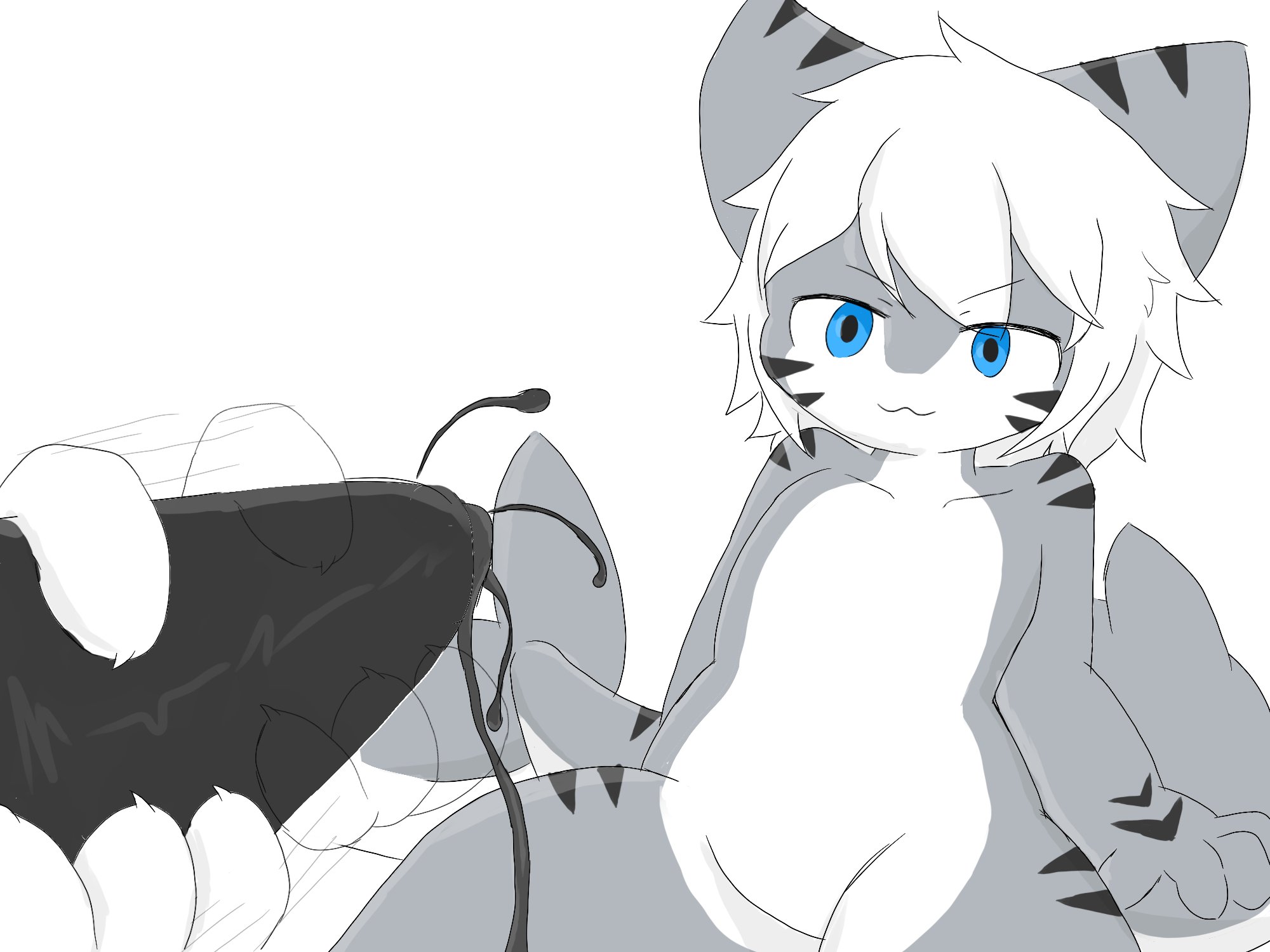 cat ears, chan woo, changed (video game), gay, male, male focus, male only, male/male, masturbating while penetrated, masturbation, non-human, non-human only, shark, shark boy, shark tail, squid dog (changed), thighs, tiger shark (changed), toony