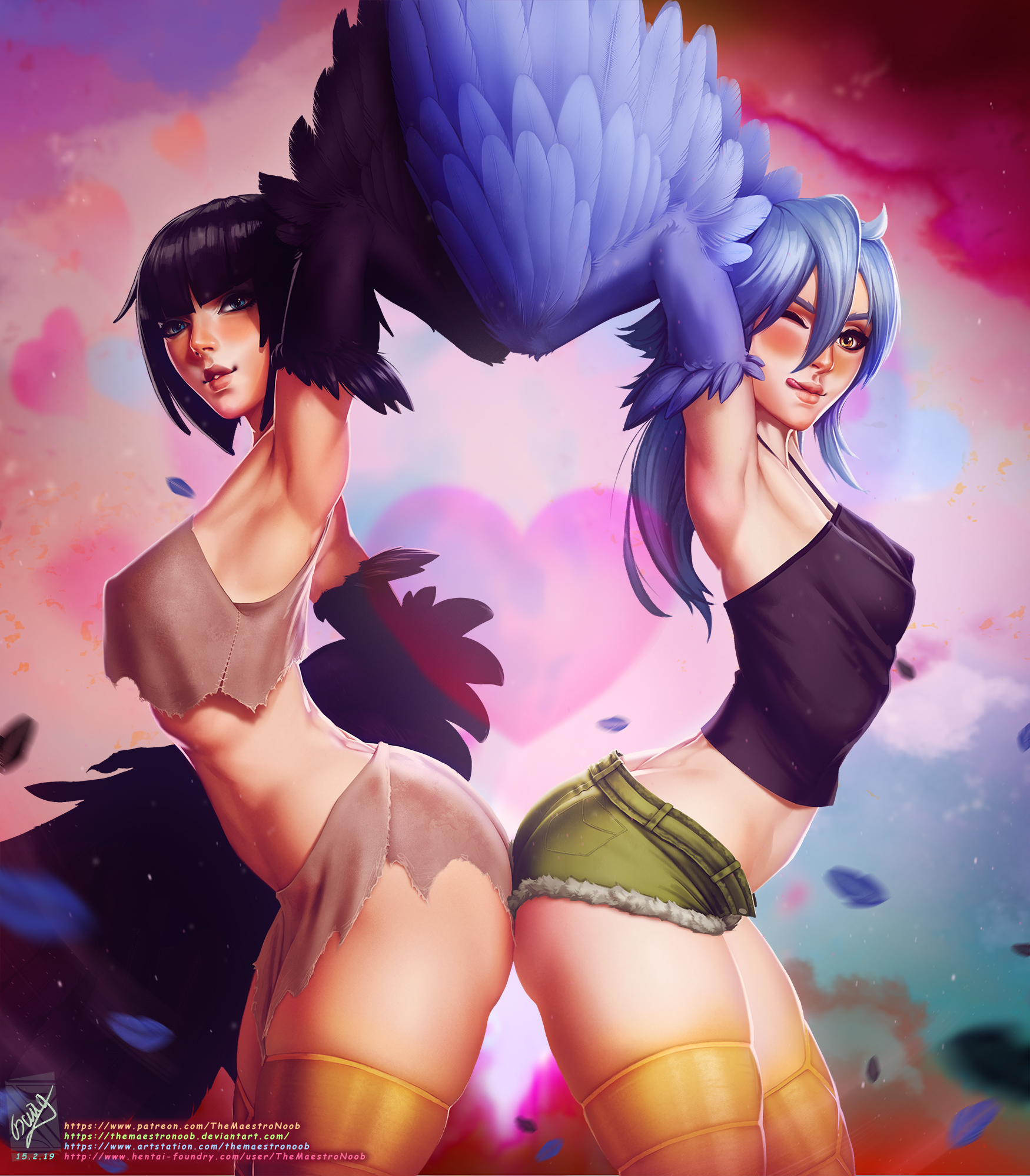 2girls, armpits, arms up, black hair, blue eyes, blue hair, blush, breasts, cleavage, clothed, crop top, dark souls, dark souls 3, feathers, female, female only, fromsoftware, harpy, horns, long hair, looking at viewer, monster girl, monster musume no iru nichijou, nipples visible through clothing, one eye closed, papi (monster musume), pickle pee, short hair, short shorts, small breasts, smooth armpits, standing, themaestronoob, tongue, tongue out, yellow eyes