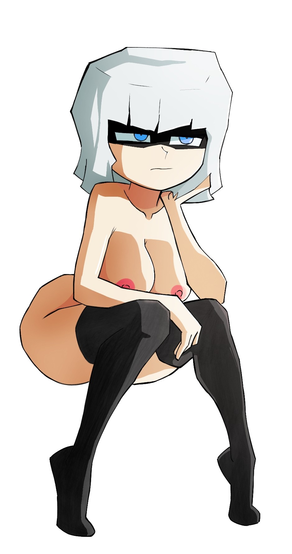 bandit (clash royale), bending over, big breasts, blue eyes, breasts, breekn, clash (series), clash royale, crouching, female, peeing, stockings, supercell, white hair