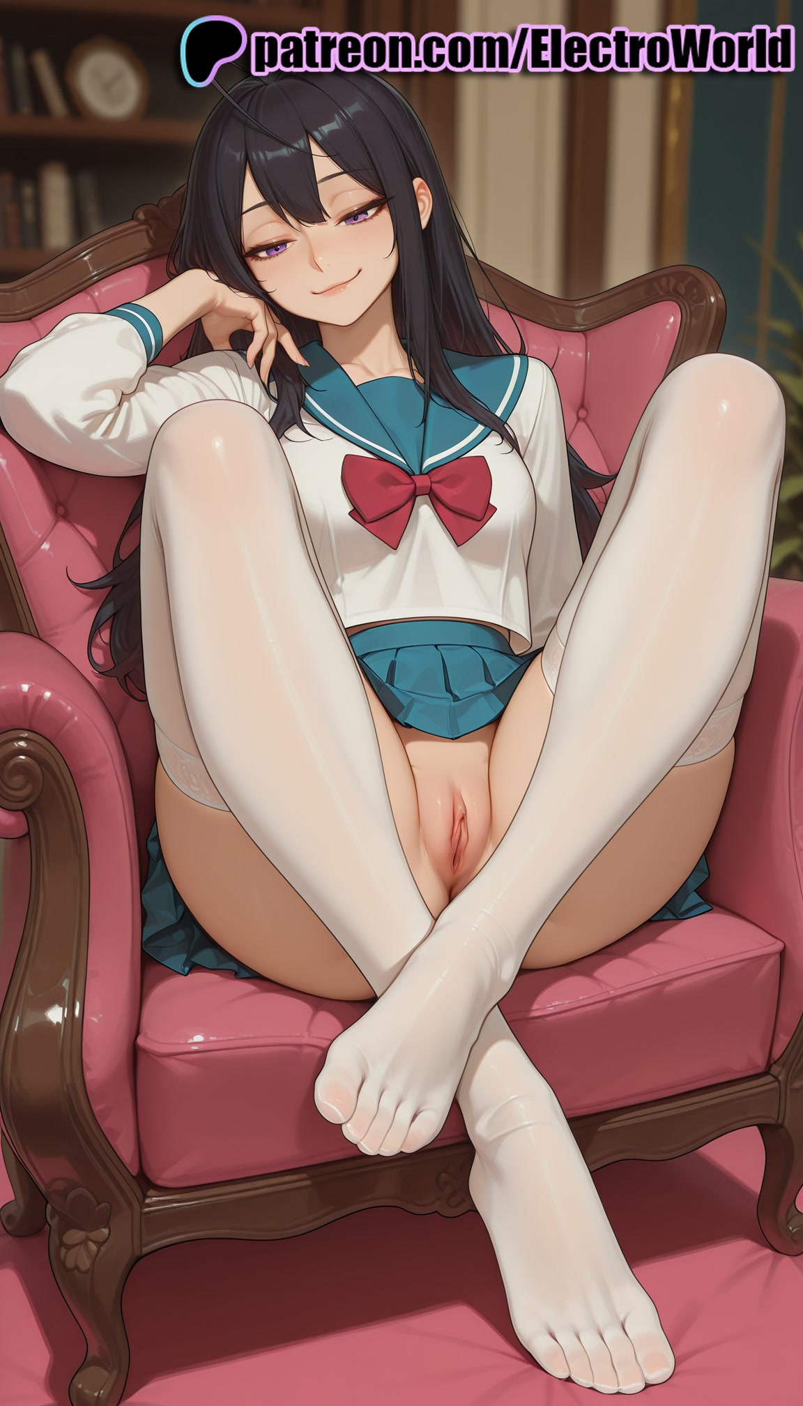 1girls, 2025, act-age, ai generated, armchair, artist name, bangs, black hair, blue sailor collar, blue skirt, blurry background, blush, bow, chair, clitoral hood, clitoris, couch, electroworld, exposed pussy, feet, female, half-closed eyes, hi res, high quality, high resolution, highres, indoors, juicy pussy, legs apart, legs spread, long hair, looking at viewer, no panties, on couch, open legs, patreon, patreon username, pleated skirt, purple eyes, pussy, sailor collar, school uniform, serafuku, sitting, skirt, smile, solo, splayed legs, spread legs, stable diffusion, thighhighs, tight pussy, toes, uncensored, vagina, watermark, white legwear, white shirt, yonagi kei