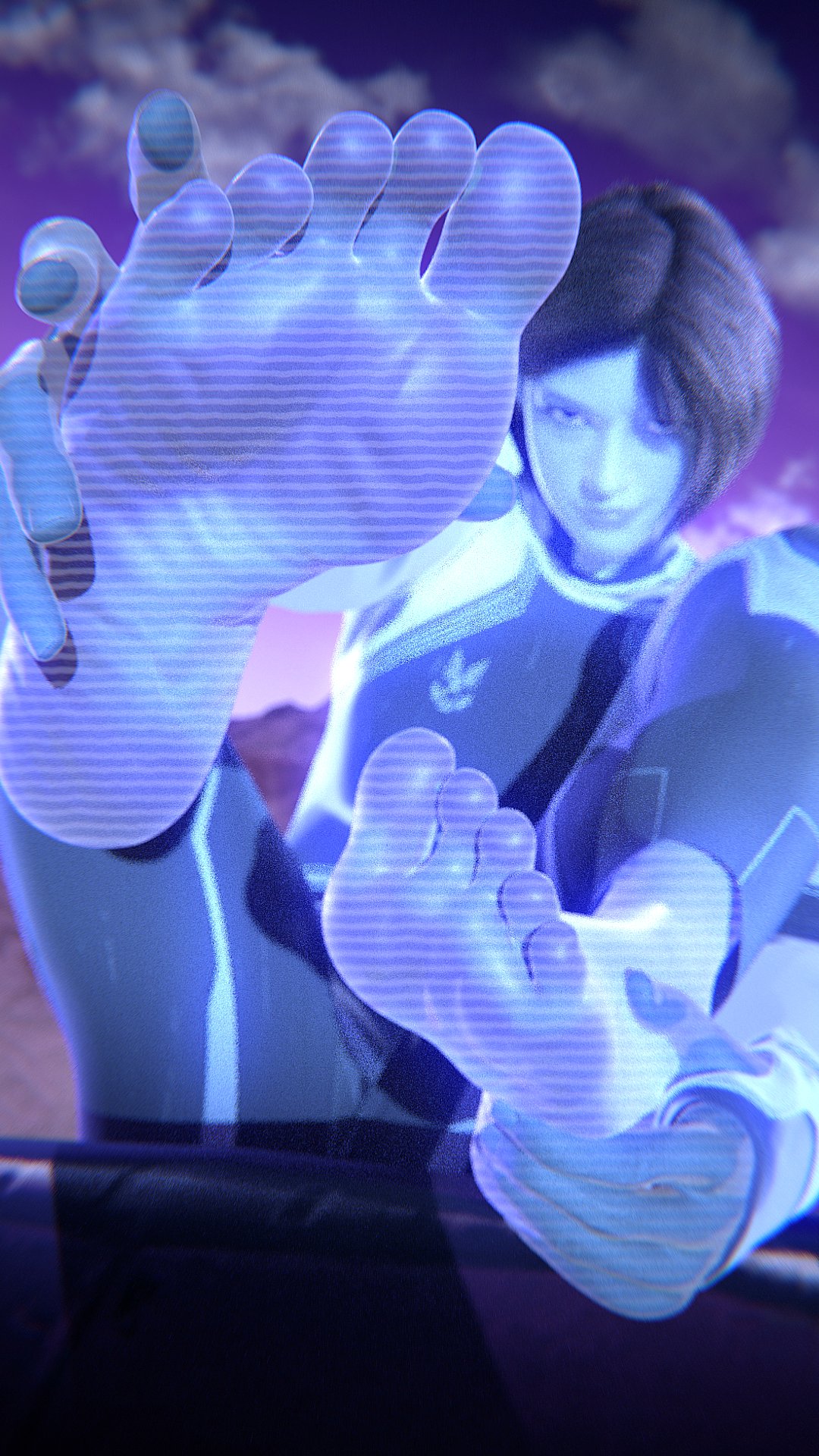 1boy, 1girls, blender, blender (artwork), blender (software), blender cycles, cortana, doopysart, doopysart (artist), eye contact, feet, feet focus, feet together, feet up, female, female focus, foot fetish, foot focus, halo (game), halo (series), happy, happy female, hologram, joyeuse, looking at viewer, male, sole, sole female, soles, soles female, solo, solo female, solo focus, the weapon (halo infinite), toes, toes spread