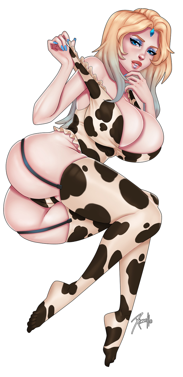 1girls, 2019, 2d, alternate version available, big breasts, breasts, cleavage, cow print, crystal maiden, dota 2, female, female only, human, human female, human only, large breasts, lipstick, panties, solo, thighhighs, valve corporation, xinaelle
