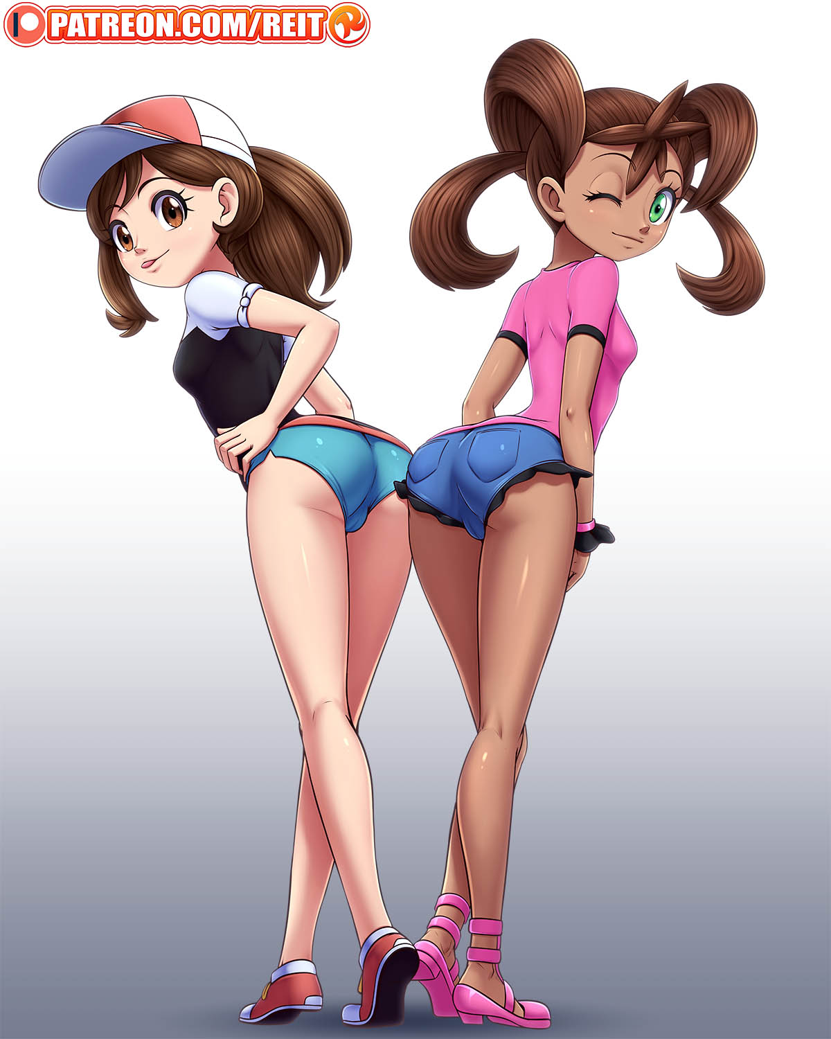;), :p, 2girls, ass, ass to ass, black shirt, blush, bracelet, breasts, brown eyes, brown hair, brown skin, cameltoe, chocolate and vanilla, clothed, dark skin, dark-skinned female, denim, denim shorts, elaine (pokemon), eyelashes, female, female only, green eyes, grey background, hands on hips, high heels, human, human only, long hair, looking at viewer, looking back, nintendo, one eye closed, pink shirt, pokemon, pokemon lgpe, pokemon rgby, pokemon xy, ponytail, pussy, reit, shauna (pokemon), shirt, shoes, short shorts, shorts, small breasts, smile, smiling, standing, text, tongue, tongue out, twintails, url, watermark, white background, wide hips, wink, winking, young